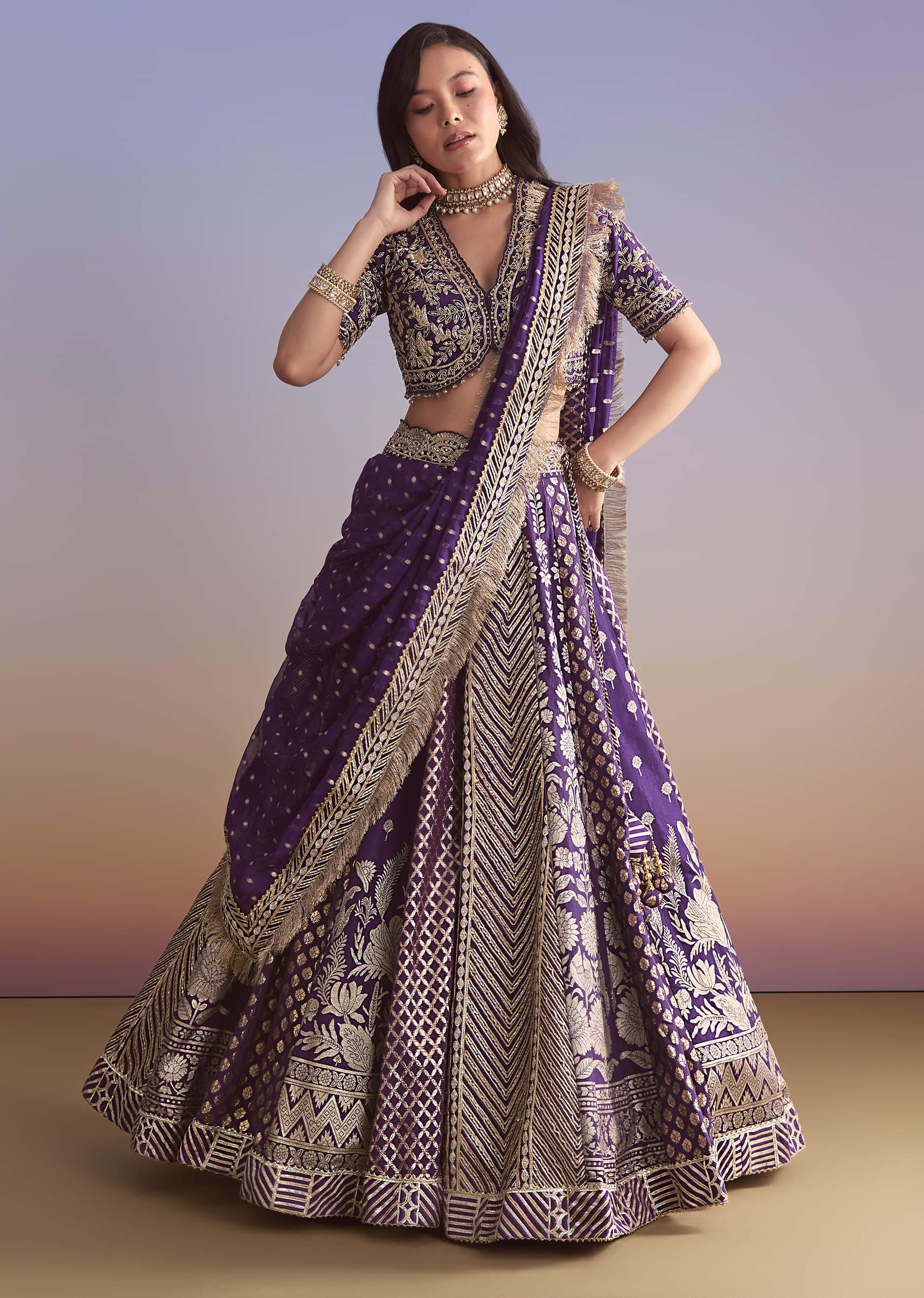Purple Brocade Silk Bridesmaid Lehenga With Zardosi Work - Image 4