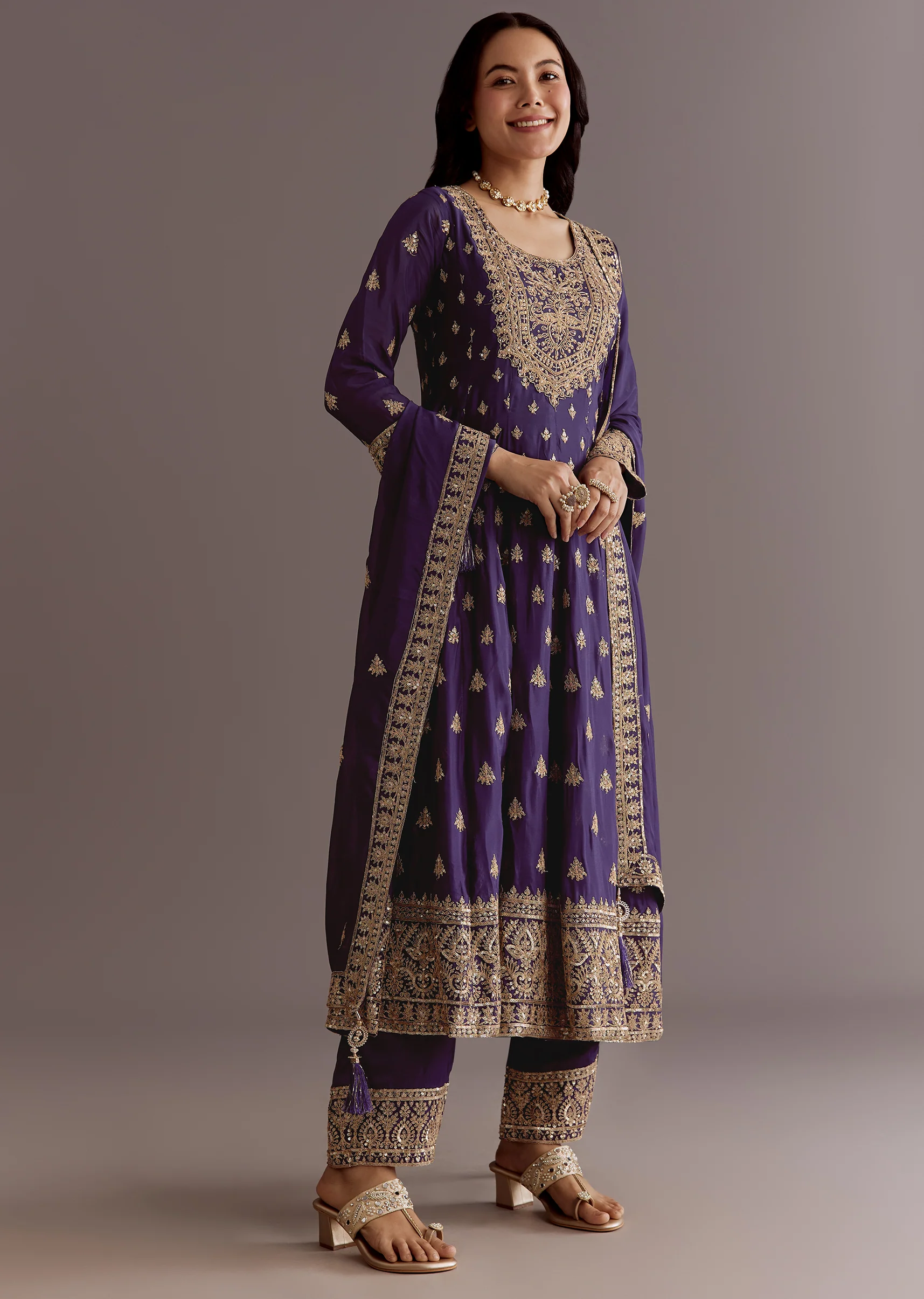 Purple Chinon Anarkali Dupatta Suit With Sequin Work - Image 4