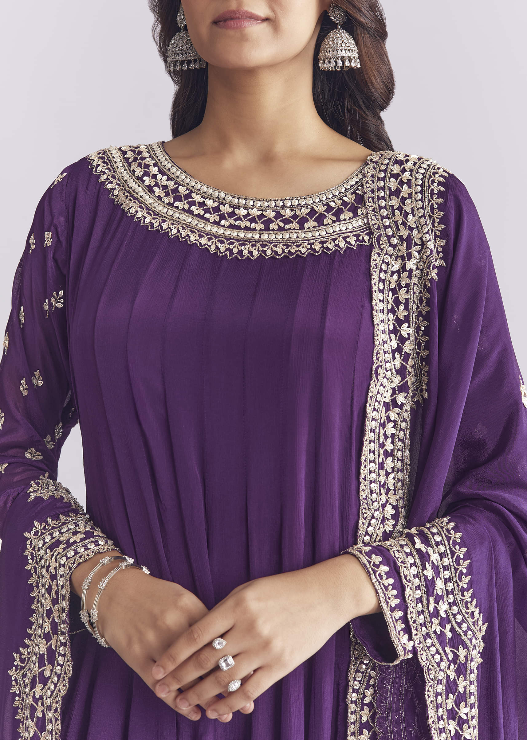 Purple Chinon Anarkali Suit With Cutdana And Sequins Work - Image 2