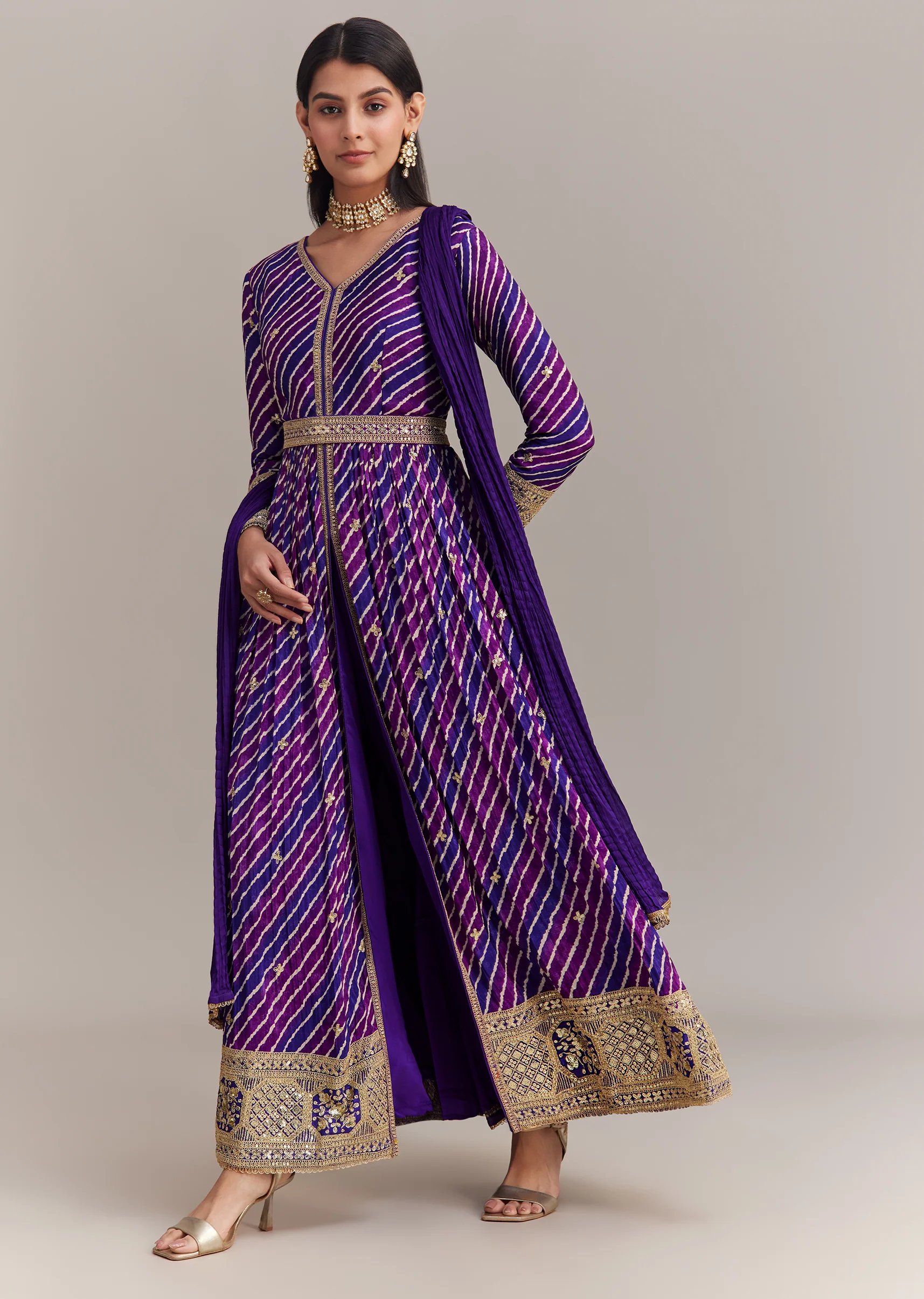 Purple Chinon Leheriya Embroidered Anarkali Set - Image 3