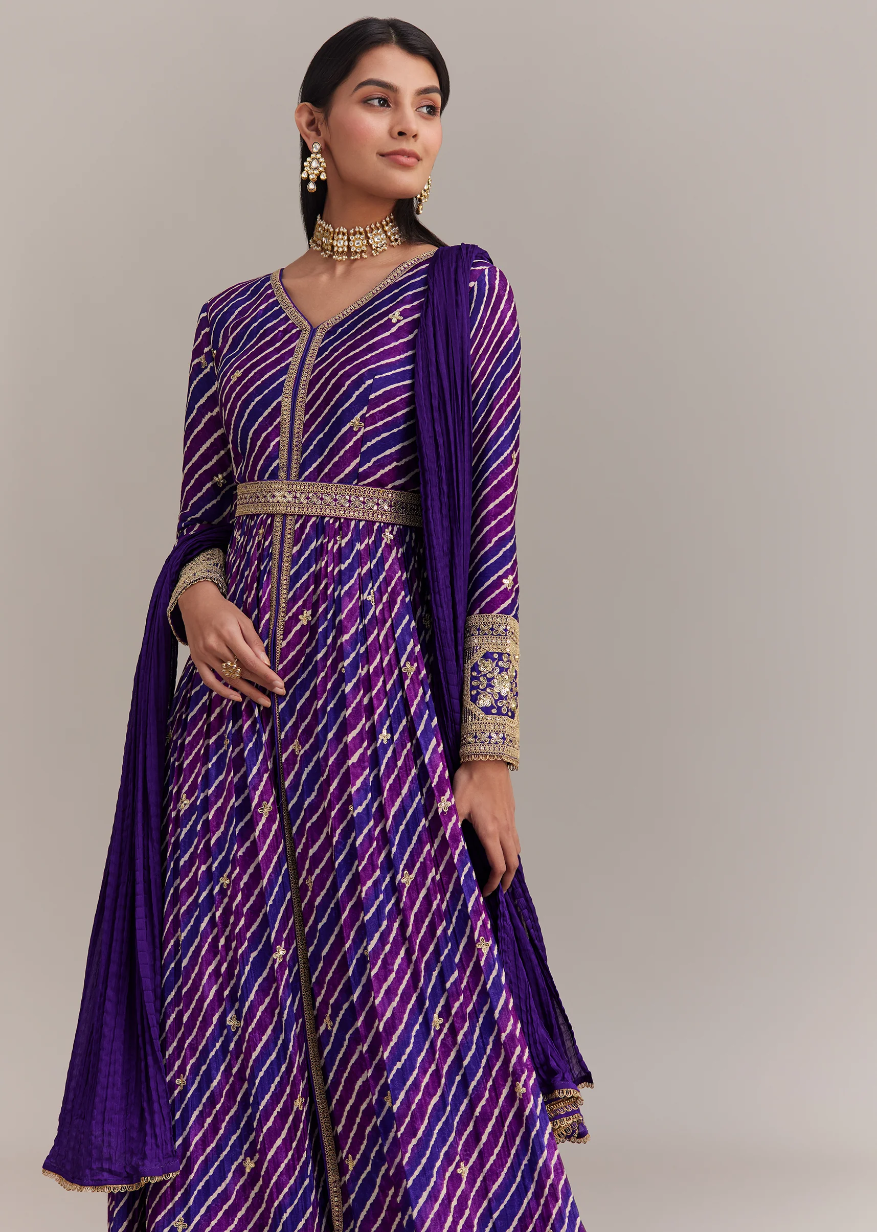 Purple Chinon Leheriya Embroidered Anarkali Set - Image 4