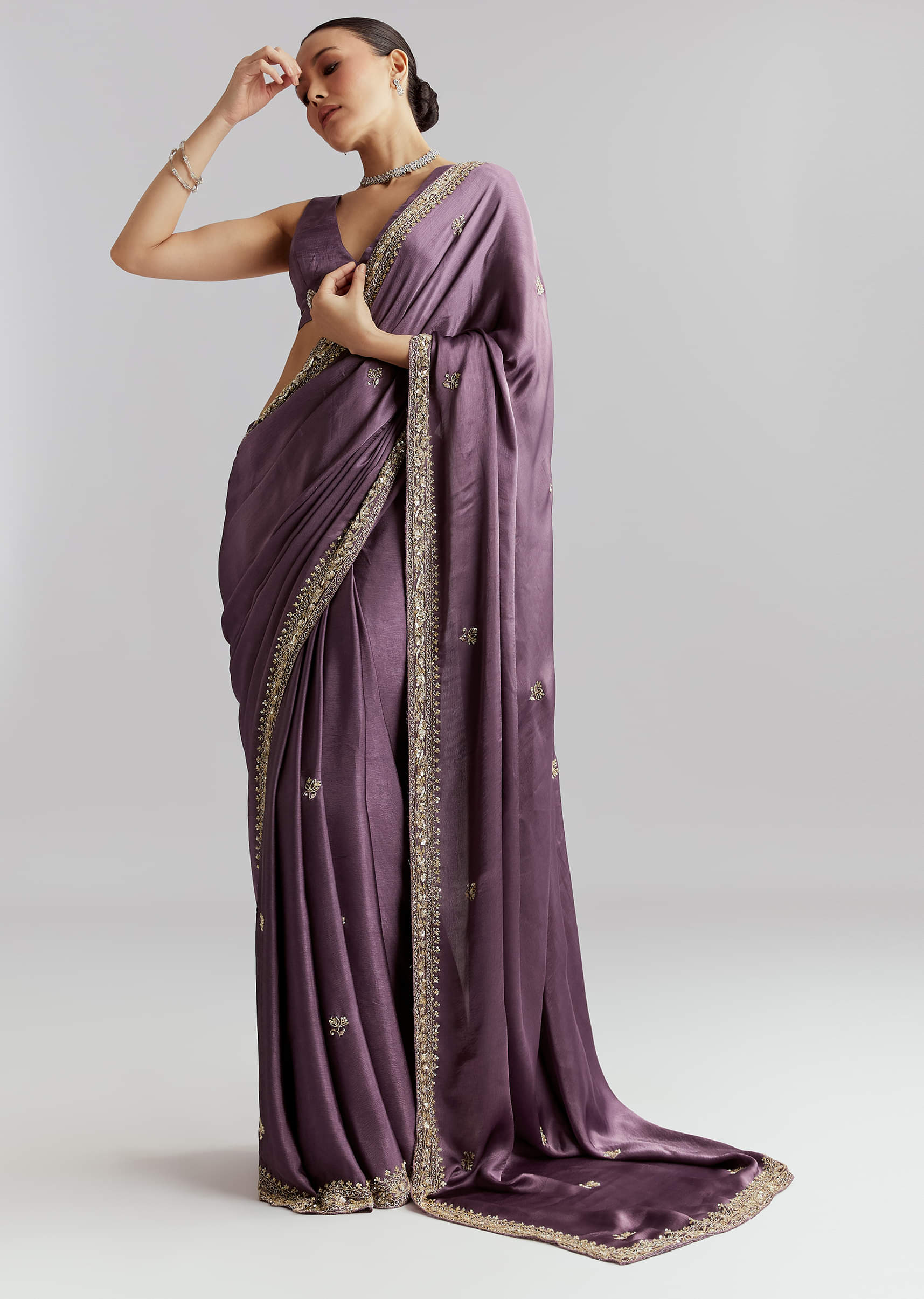 Purple Chinon Saree With Heavy Hand Embroidery - Image 3