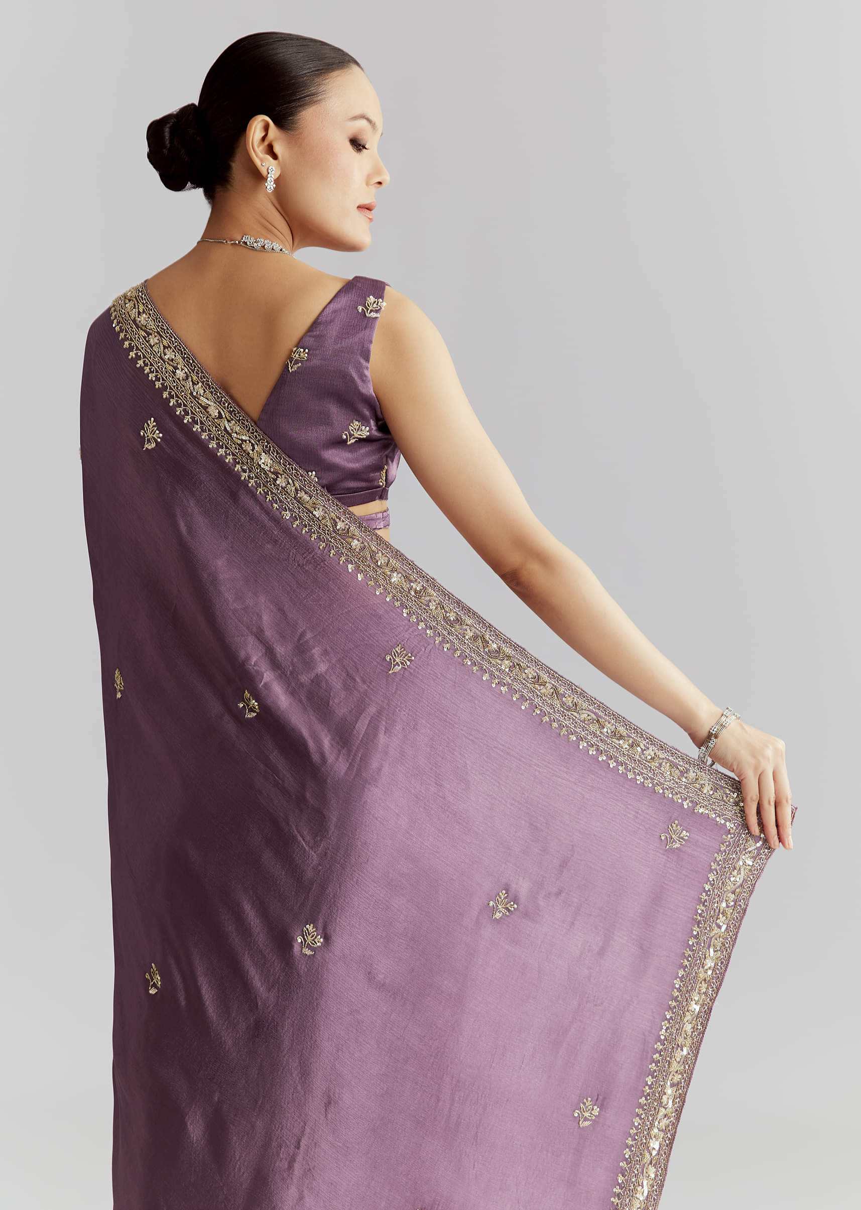 Purple Chinon Saree With Heavy Hand Embroidery - Image 6