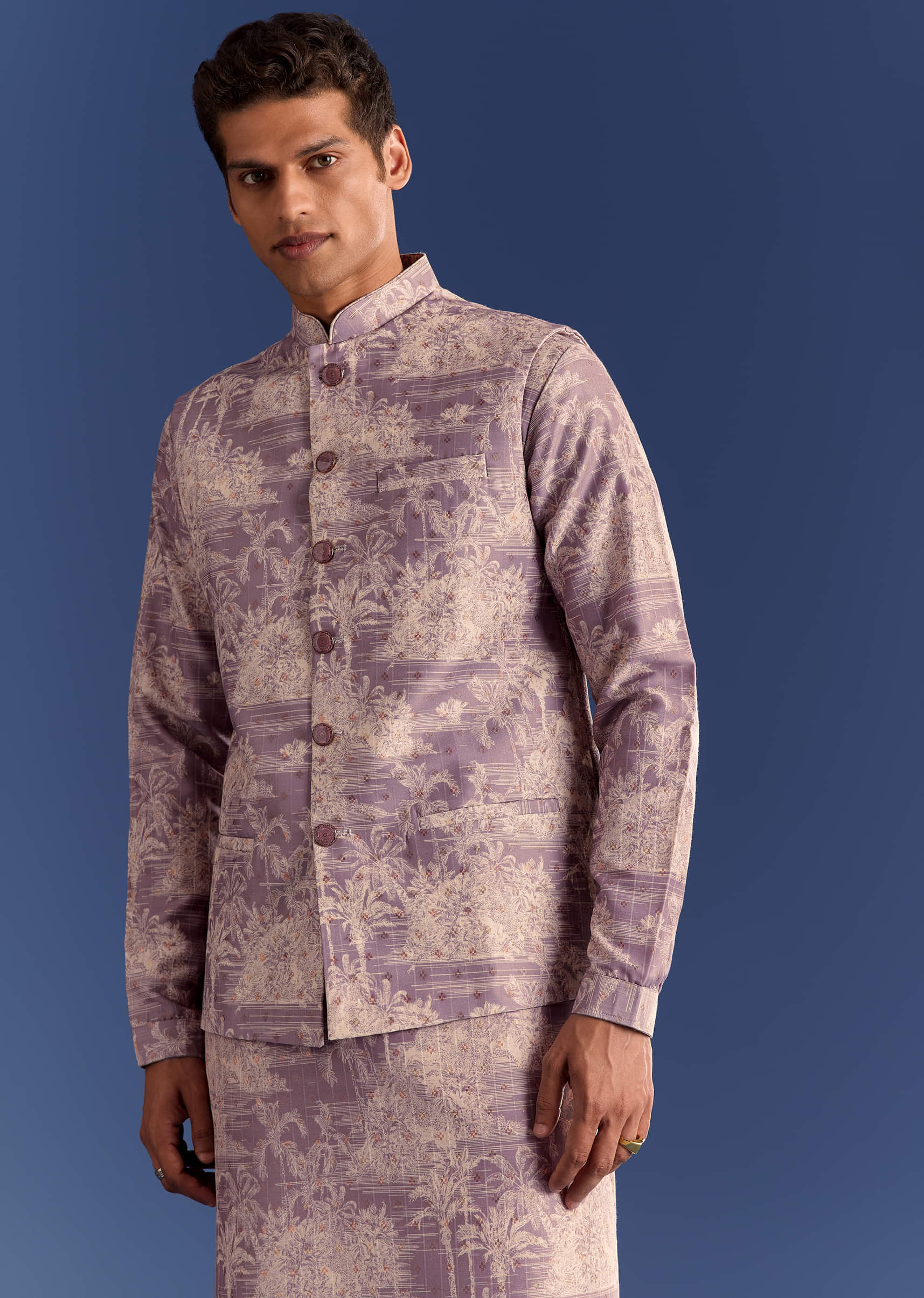 Purple Cotton Silk Kurta Jacket Set With Print - Image 4