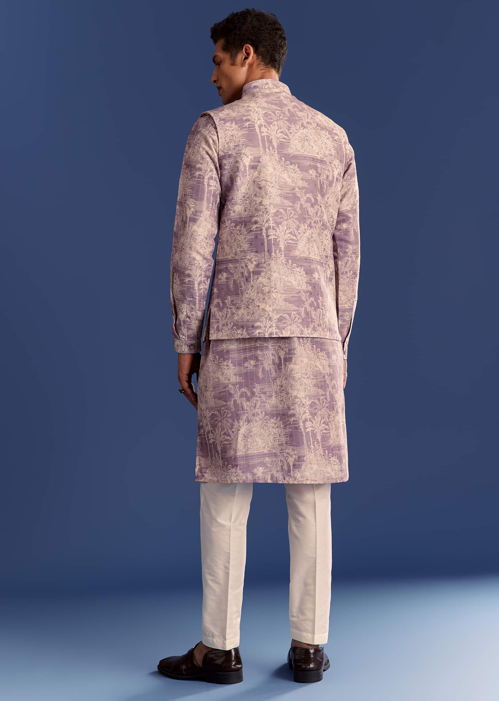 Purple Cotton Silk Kurta Jacket Set With Print - Image 5