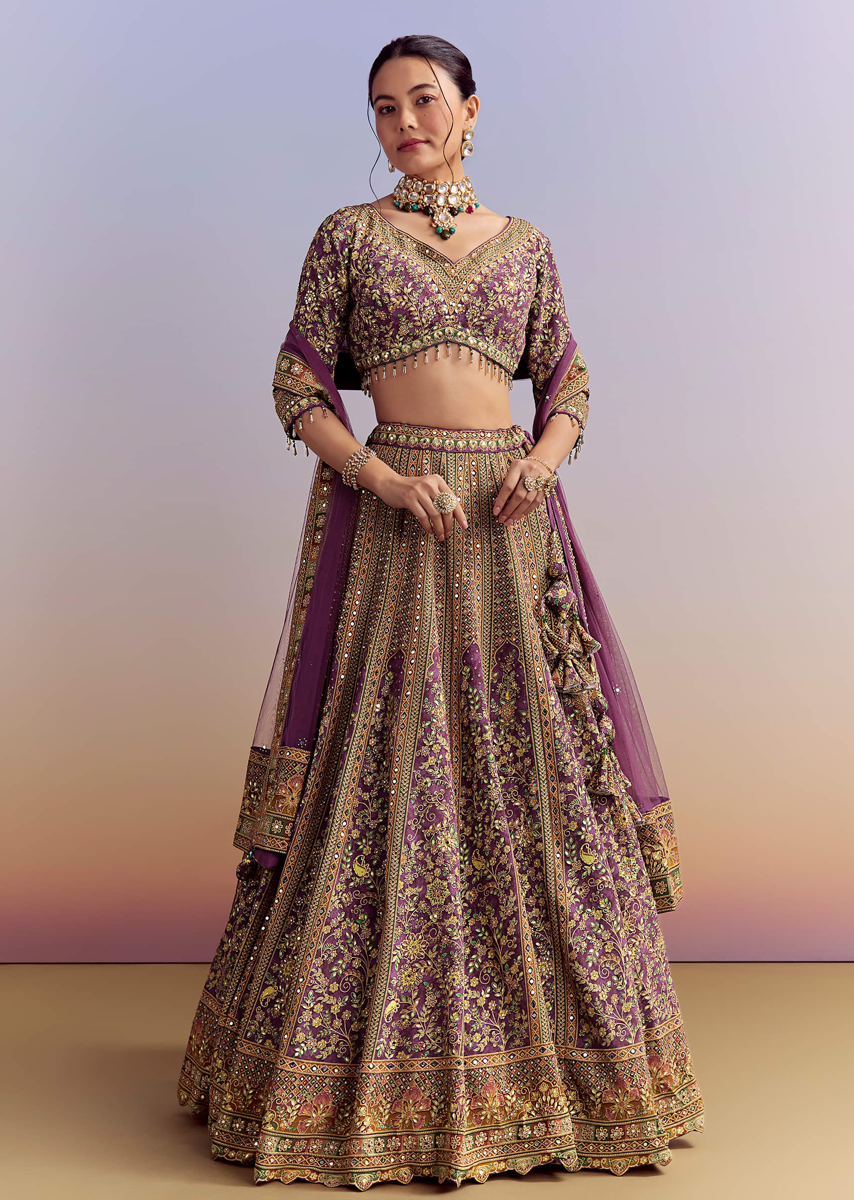 Purple Crepe Printed Bridesmaid Lehenga With Heavy Hand Embroidery - Image 4