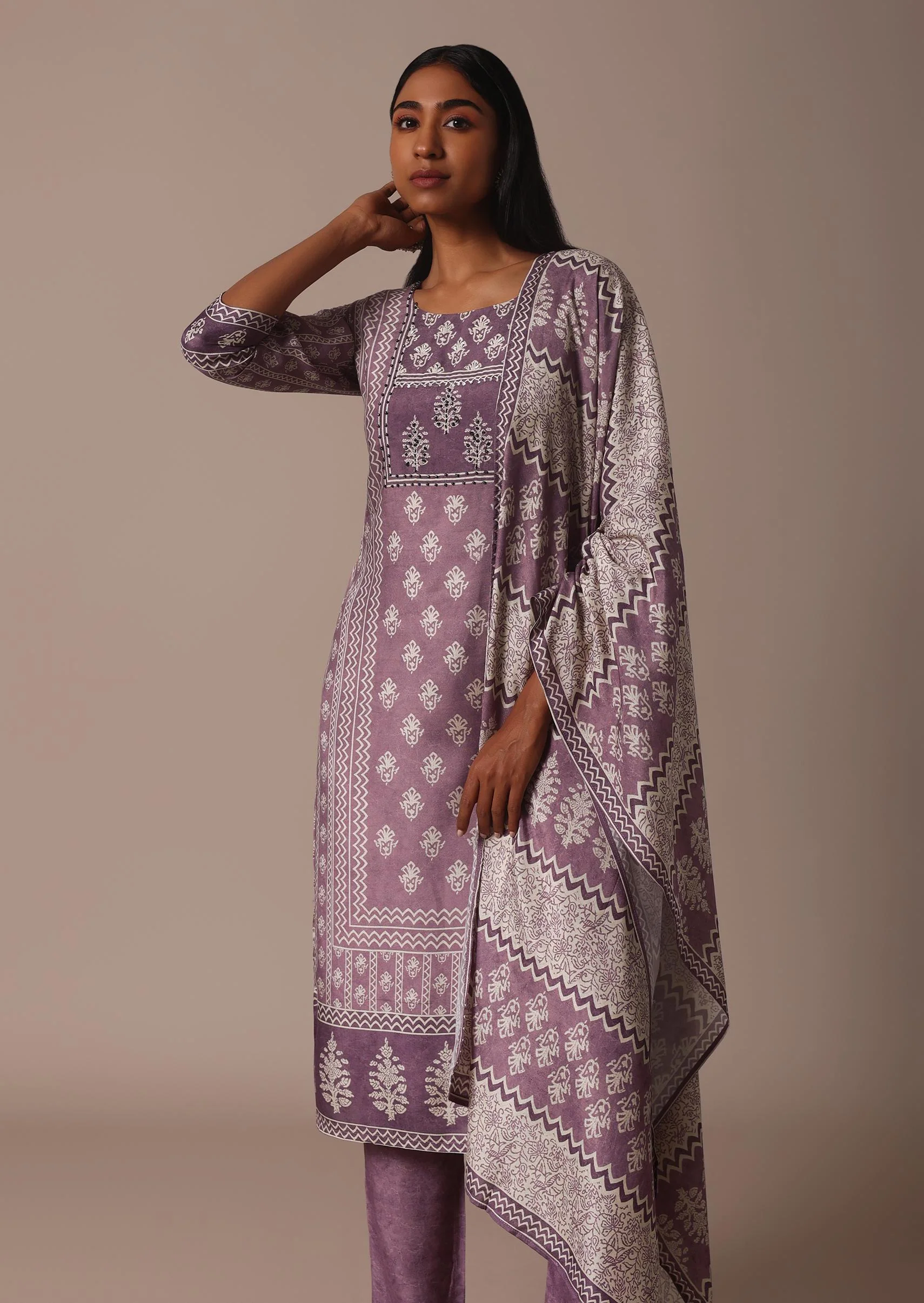Purple Crepe Printed Kurti Pant Set With Cutdana Detail - Image 4