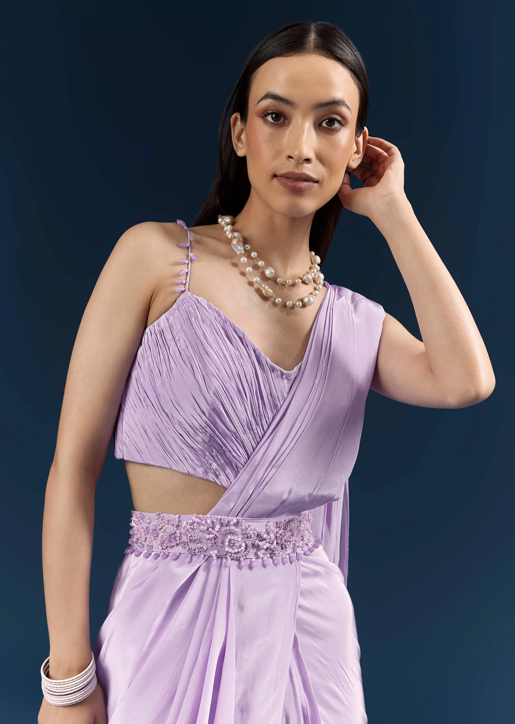 Purple Crepe Ready Pleated Saree With Heavy Embroidery - Image 2