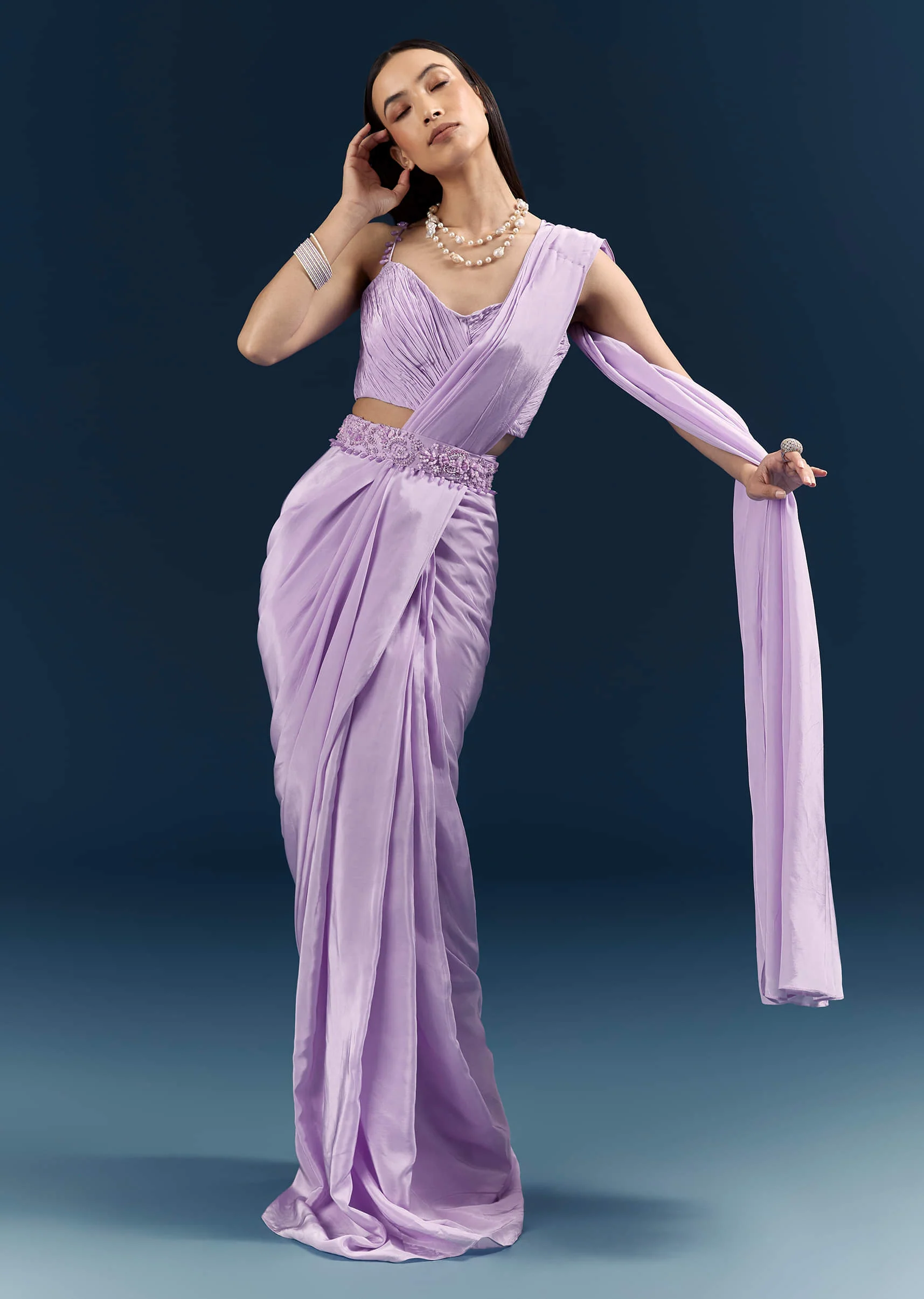 Purple Crepe Ready Pleated Saree With Heavy Embroidery - Image 4