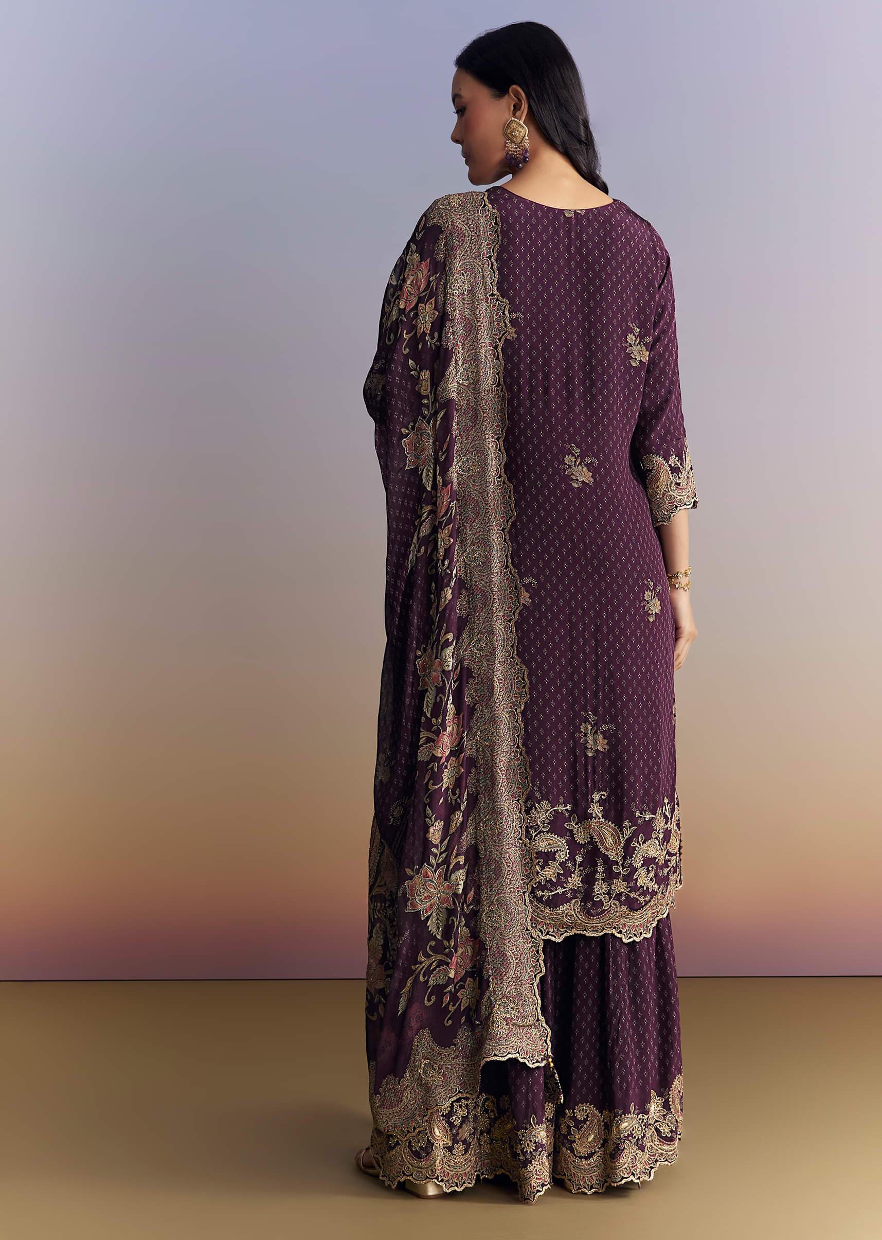 Purple Crepe Sharara Suit With Indie Print And Zari Work - Image 5