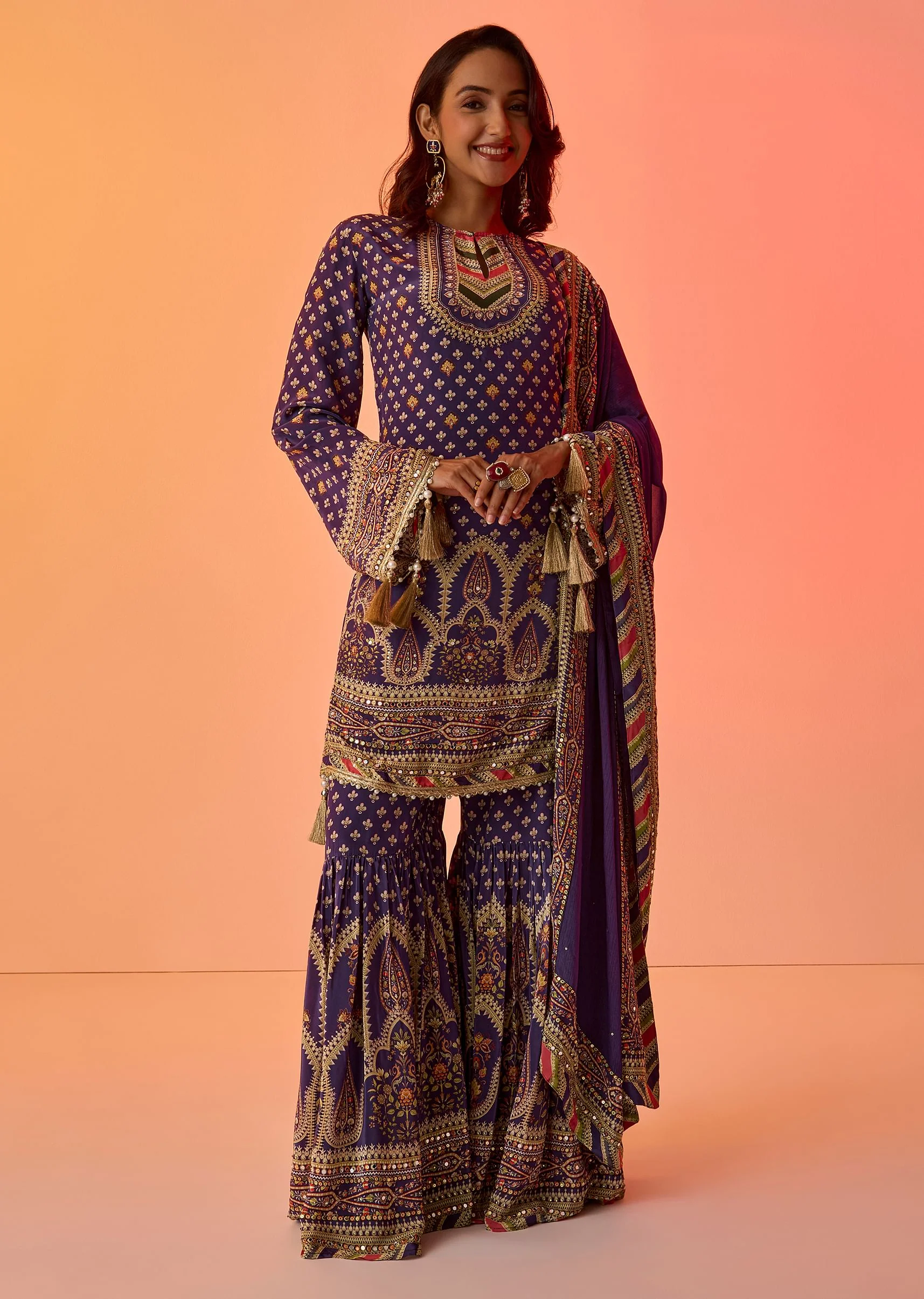 Purple Crepe Silk Sharara Set With Mirror And Sequins Work - Image 7