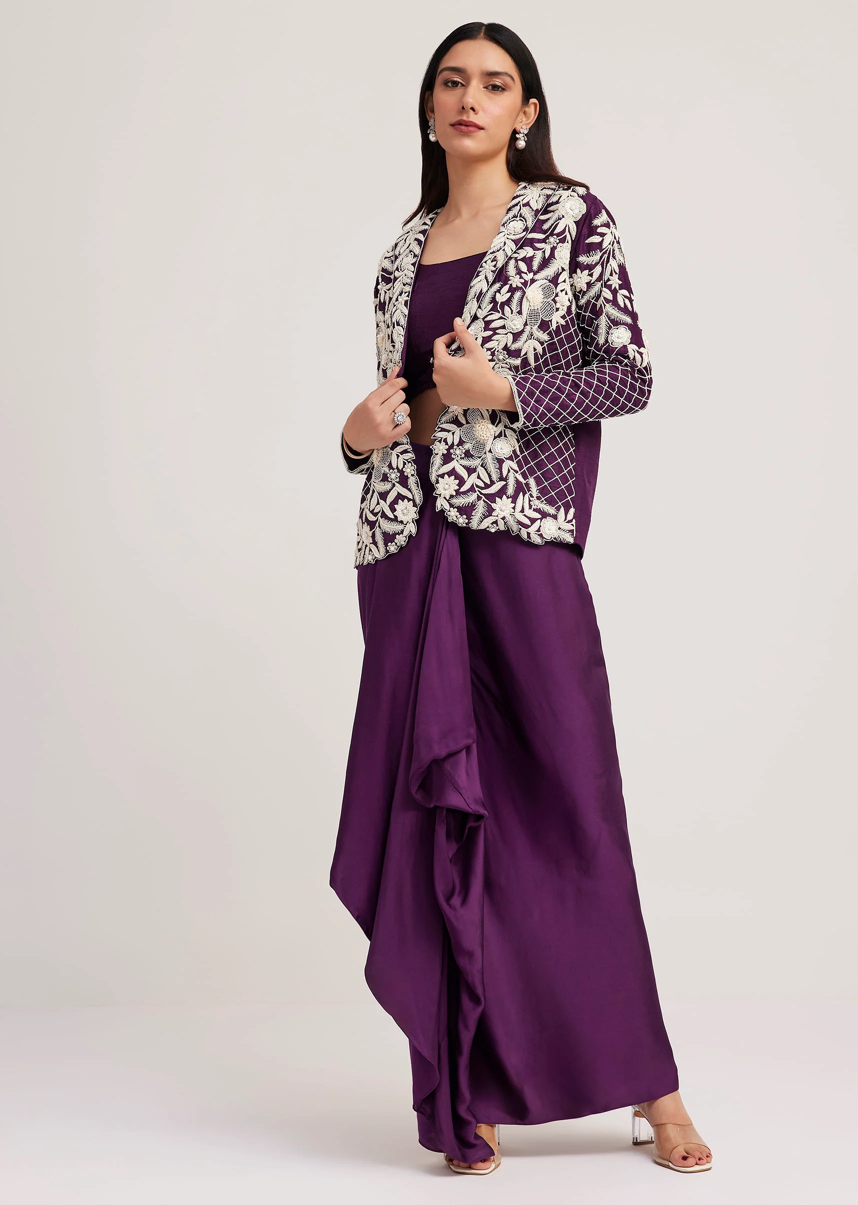 Purple Crop Top Skirt And Embroidered Jacket Set - Image 2