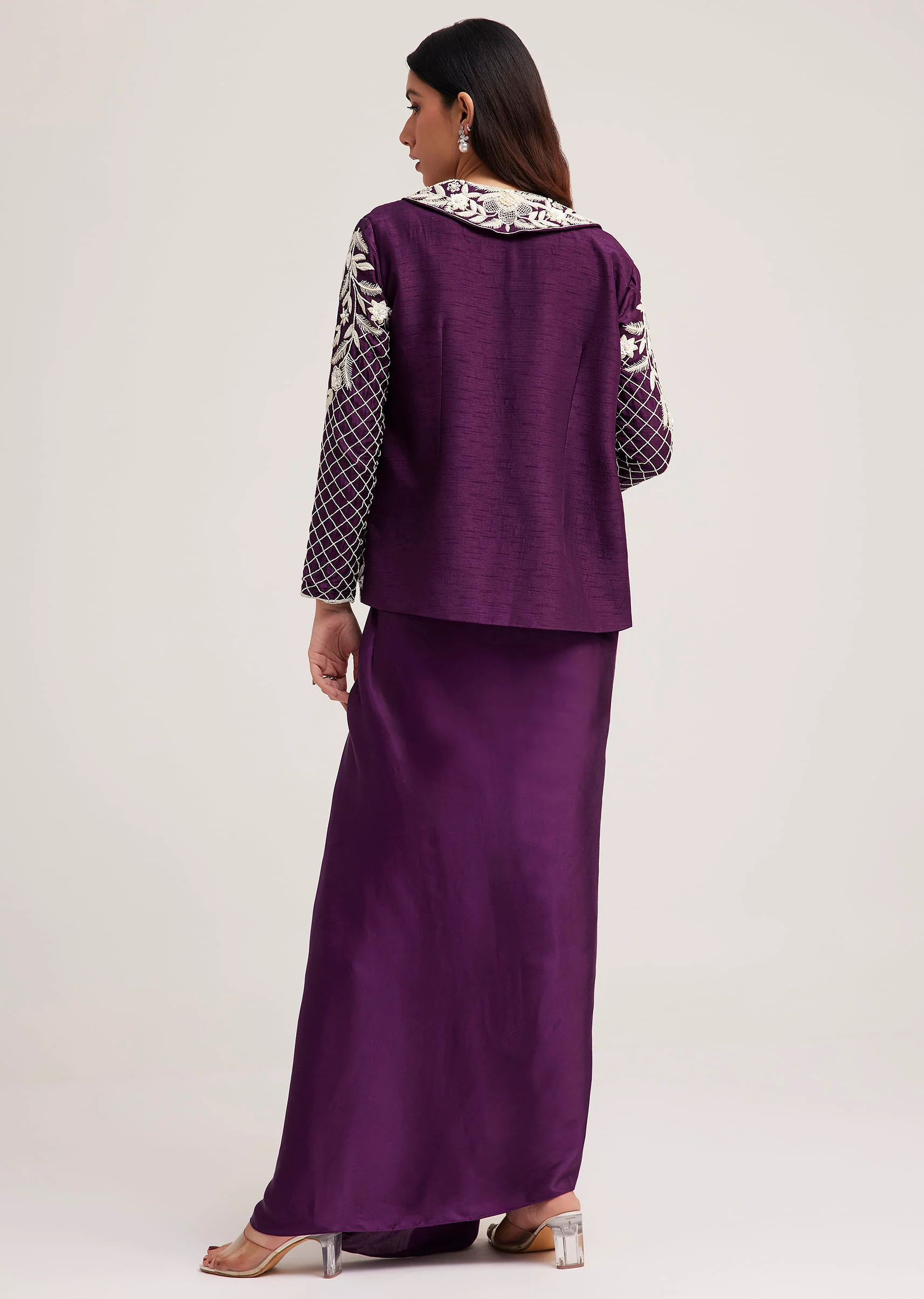 Purple Crop Top Skirt And Embroidered Jacket Set - Image 5