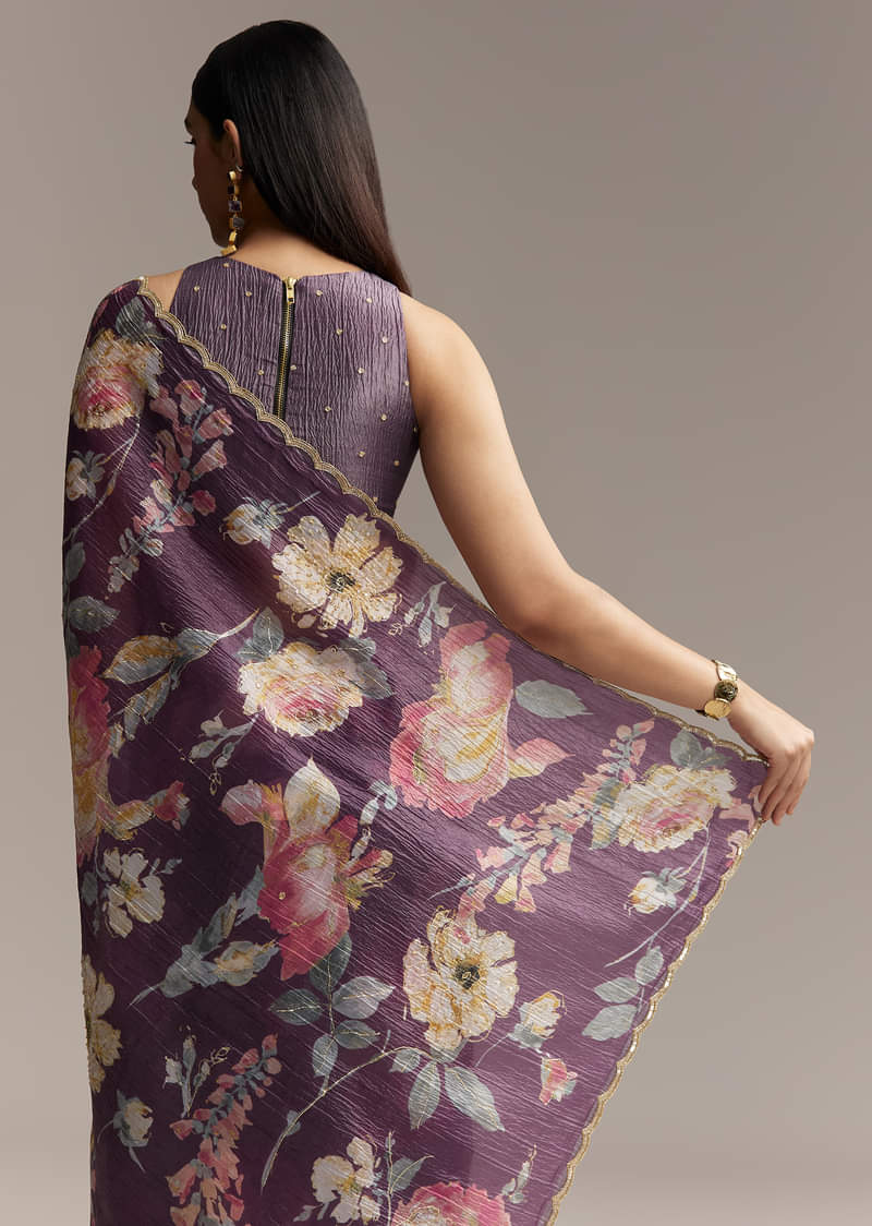 Purple Crush Tissue Saree With Floral Print And Embroidered Border - Image 4