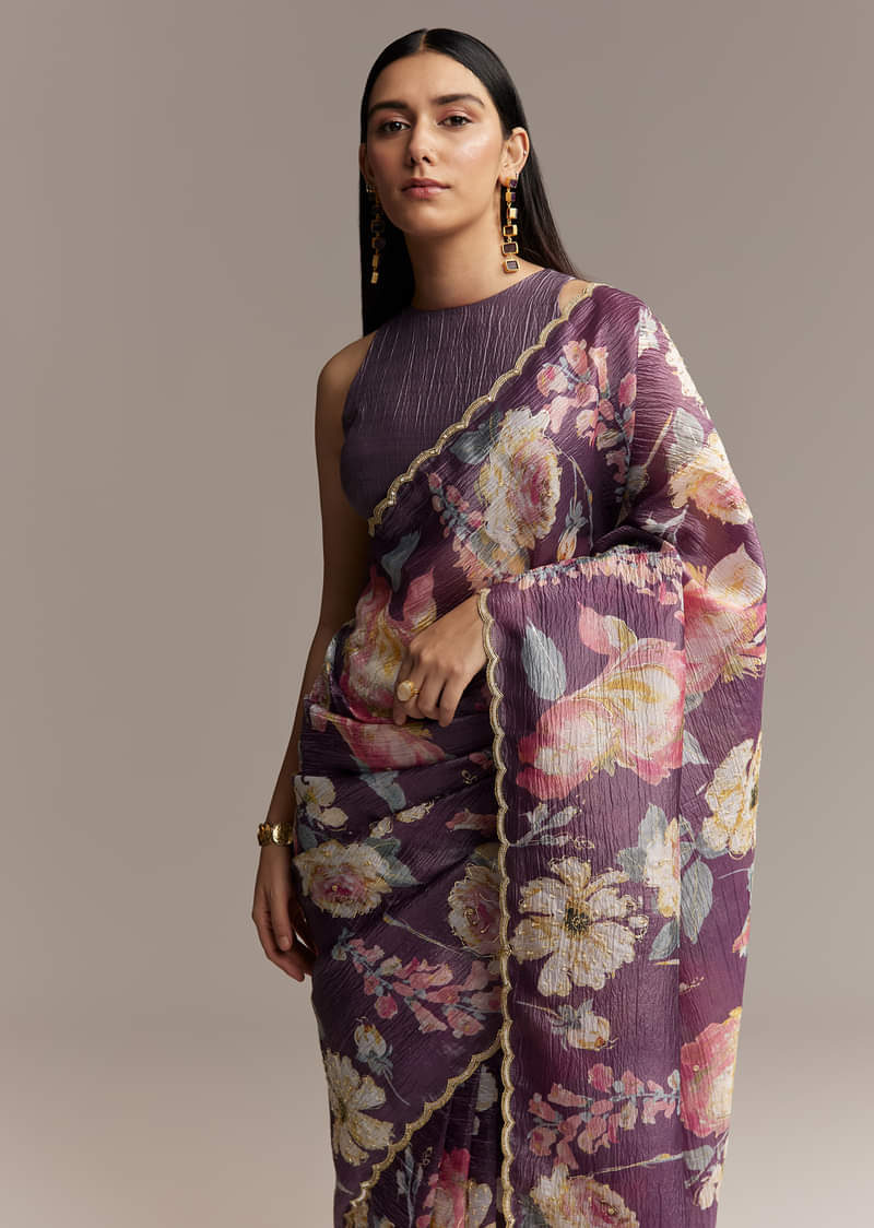 Purple Crush Tissue Saree With Floral Print And Embroidered Border - Image 5