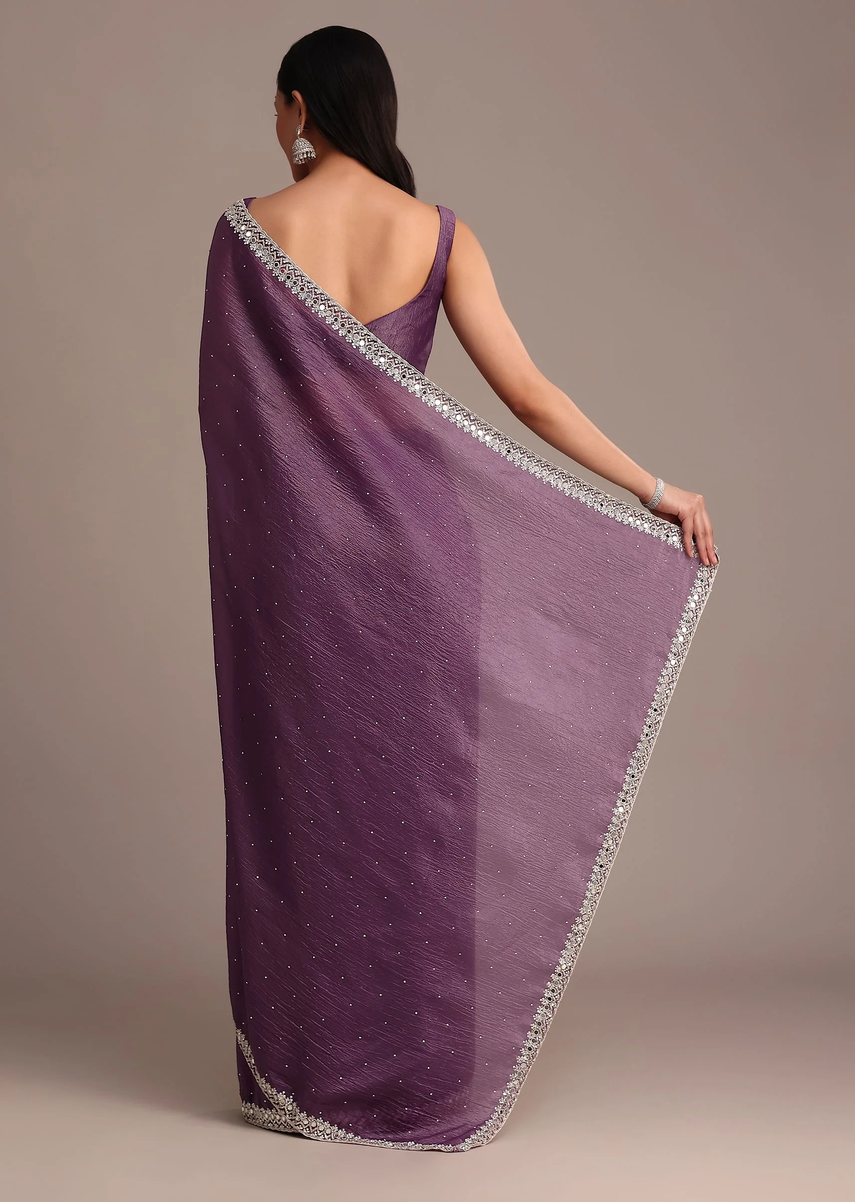 Purple Crushed Tissue Saree With Mirror And Cutdana Embellished Border - Image 4