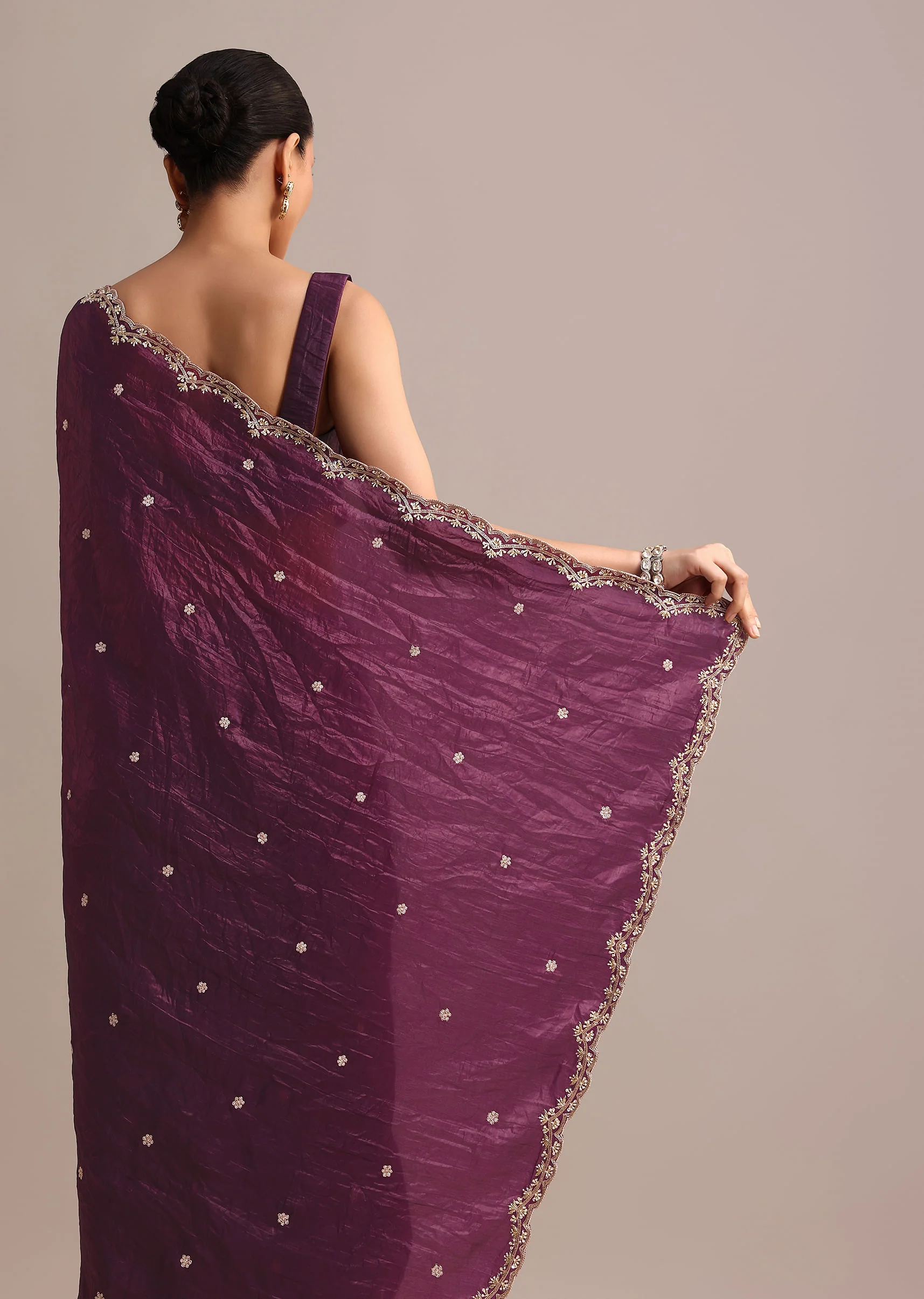 Purple Crushed Tissue Saree With Sequin And Cutdana Embroidered Border - Image 4