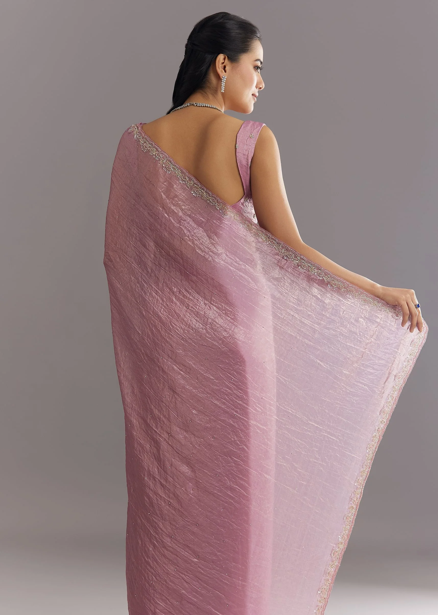 Purple Crushed Tissue Saree With Stone Embellishment And Embroidered Border - Image 4
