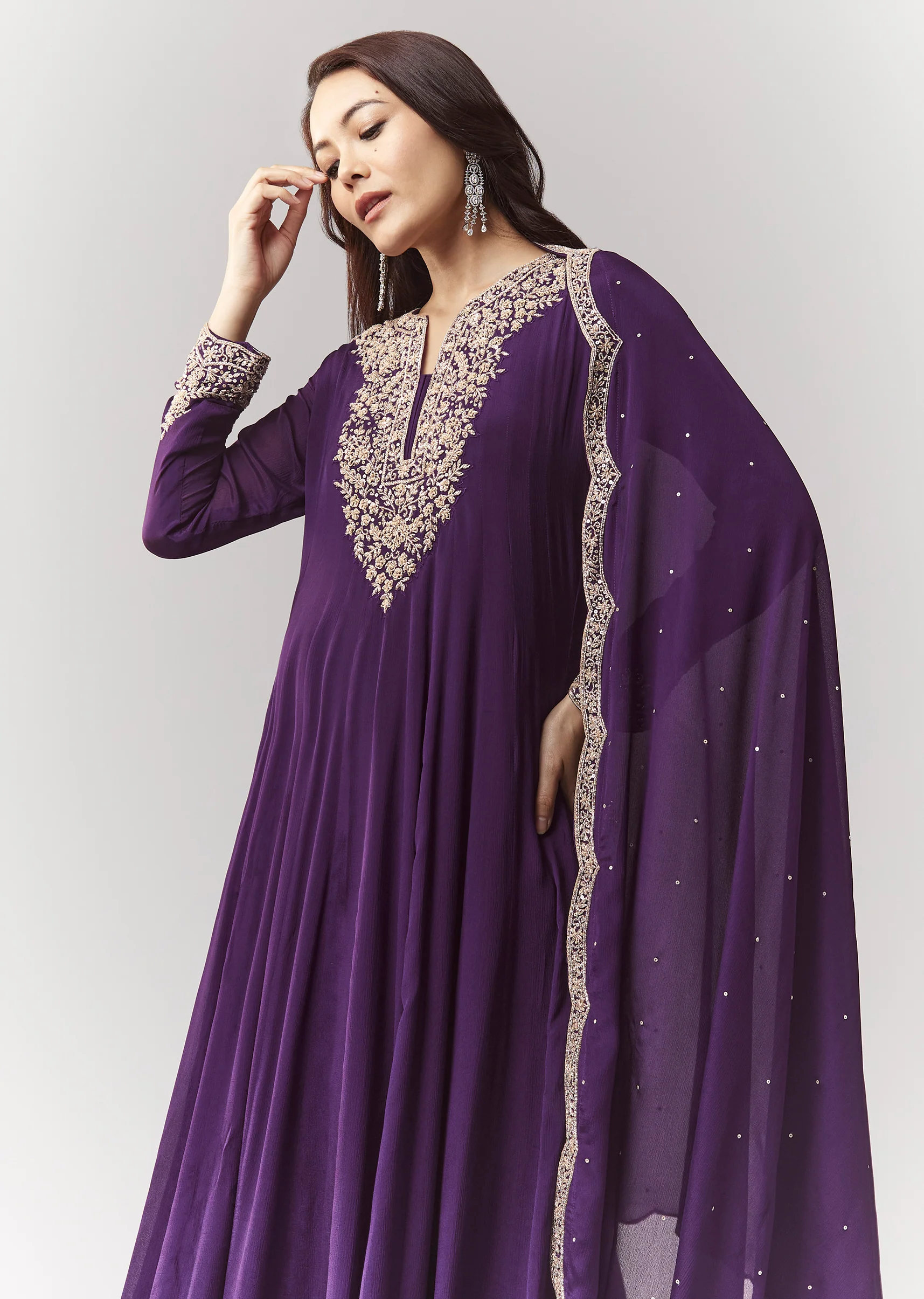 Purple Cut Dana Yoke Anarkali Set With Dupatta - Image 4
