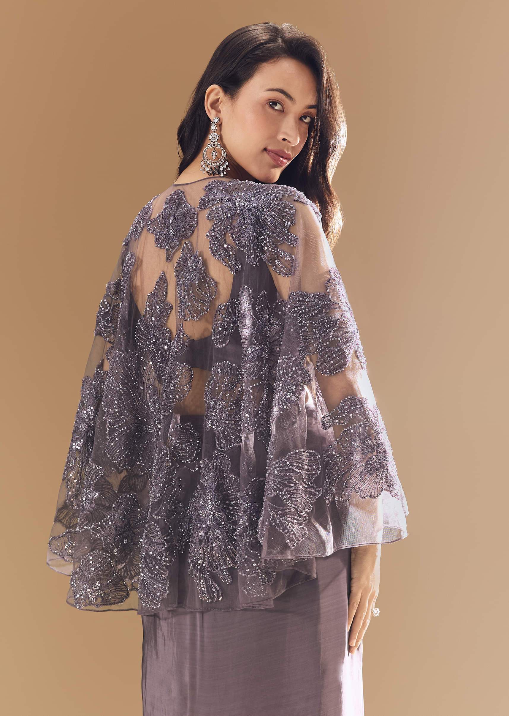 Purple Cutdana Embellished Crop Top Skirt Set with Cape - Image 6
