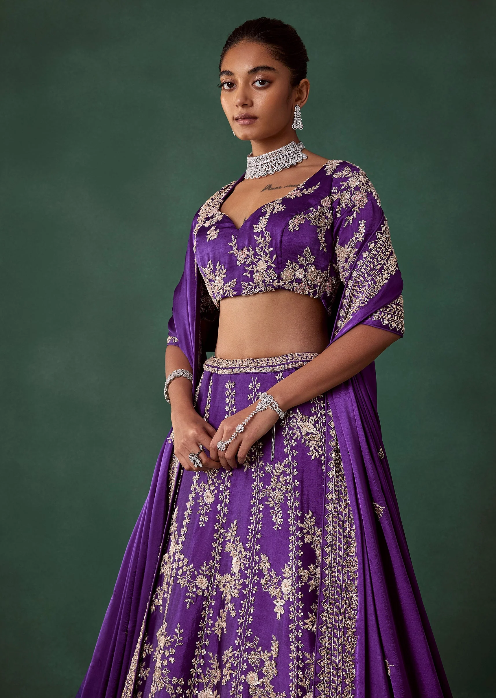 Purple Cutdana Hand Embroidered Bridal Lehenga Set in Satin - Image 5