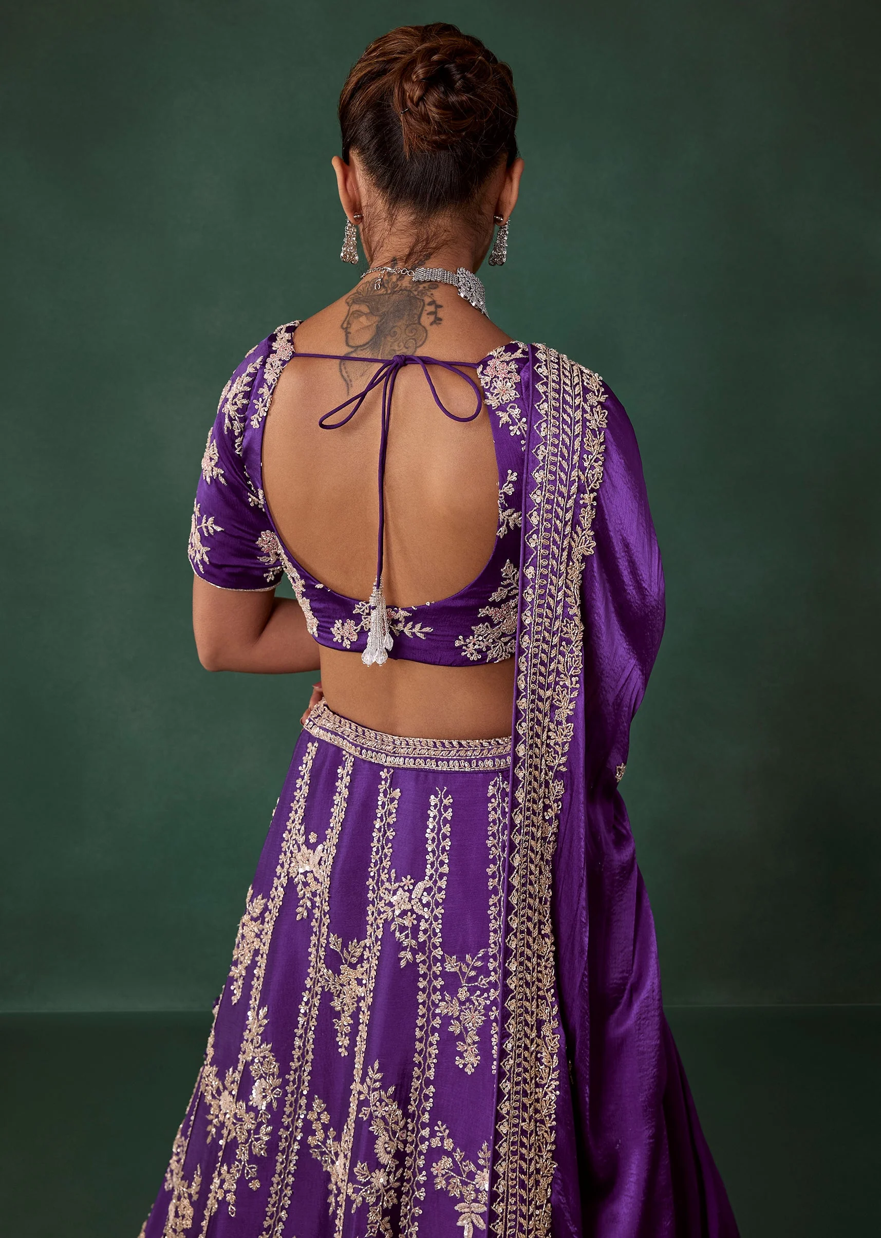 Purple Cutdana Hand Embroidered Bridal Lehenga Set in Satin - Image 6