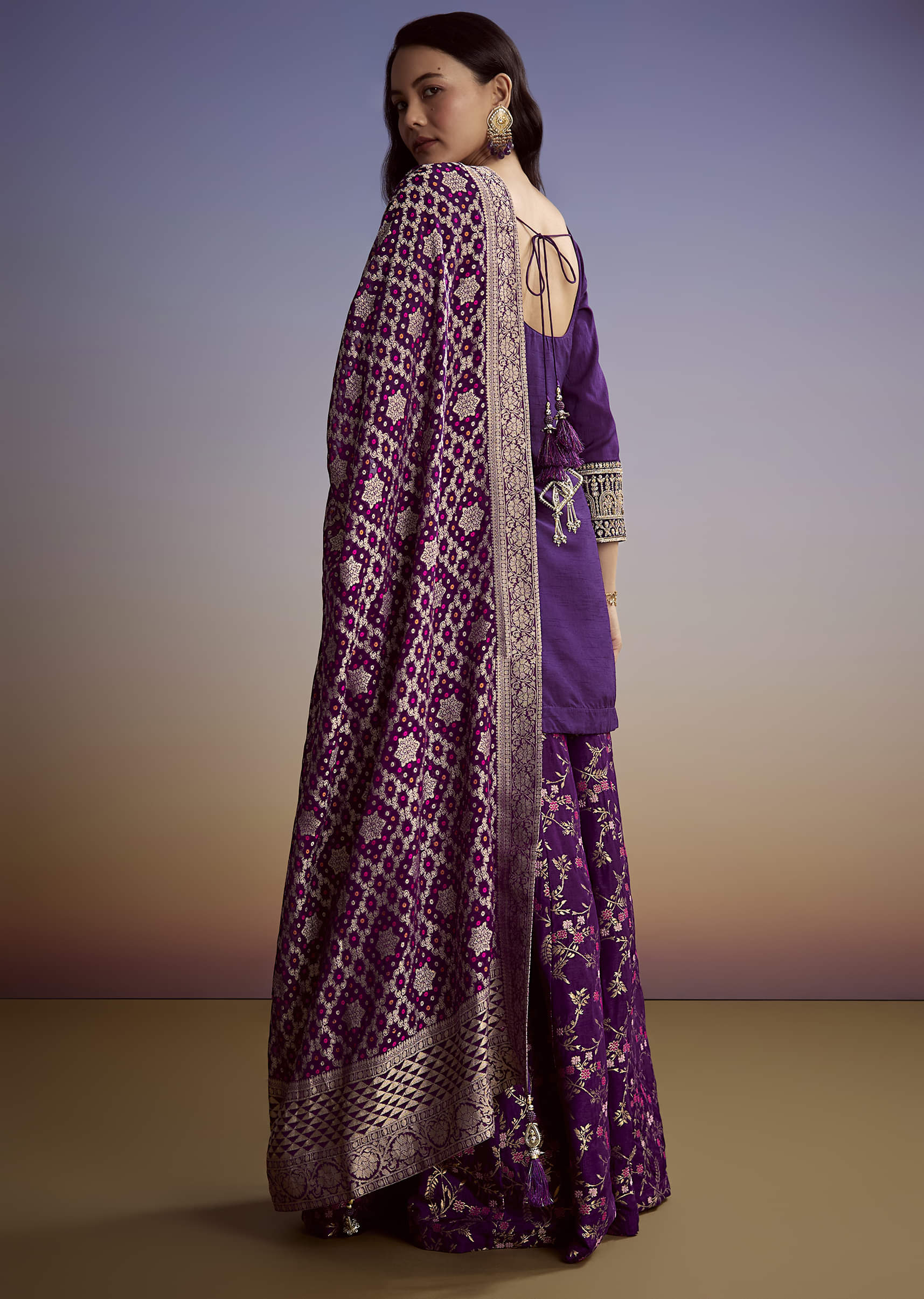Purple Dola Silk Palazzo Suit With Heavy Embroidery - Image 5