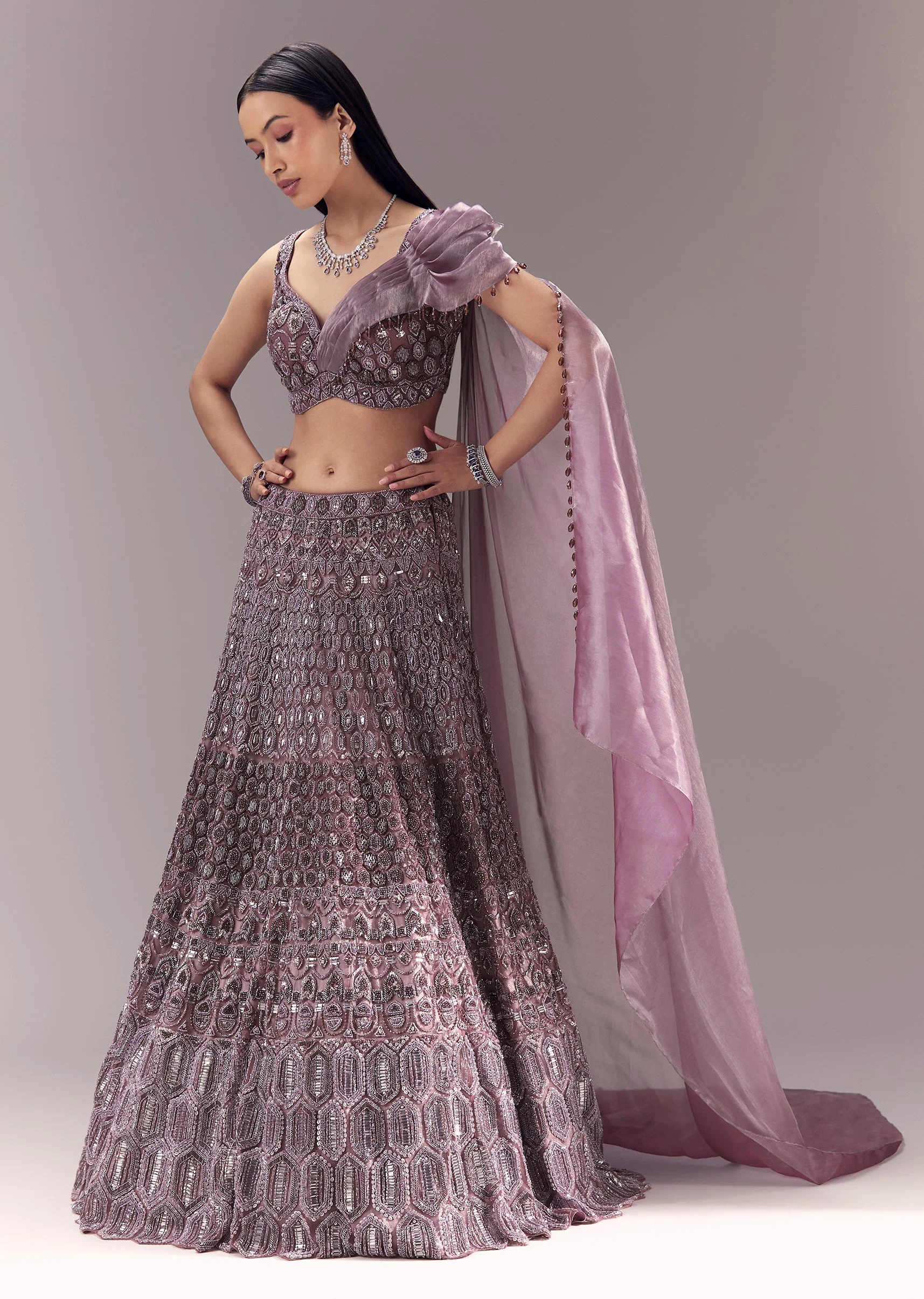 Purple Draped Blouse with Embellished Lehenga - Image 4