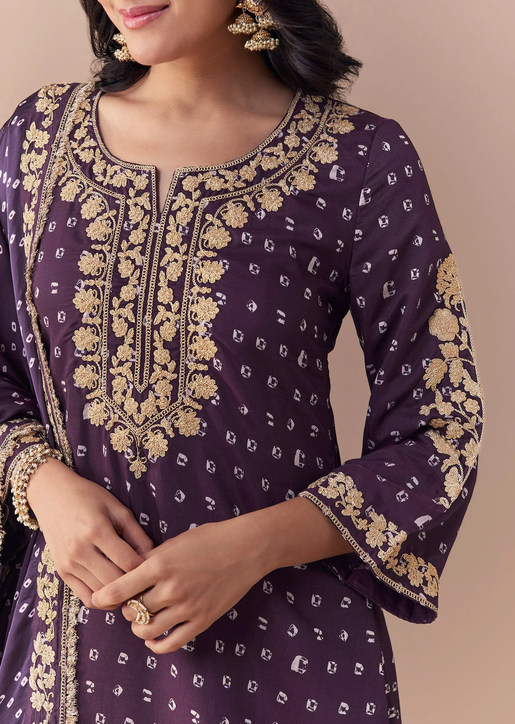 Purple Embellished Silk Bandhani Print Kurta Set - Image 2