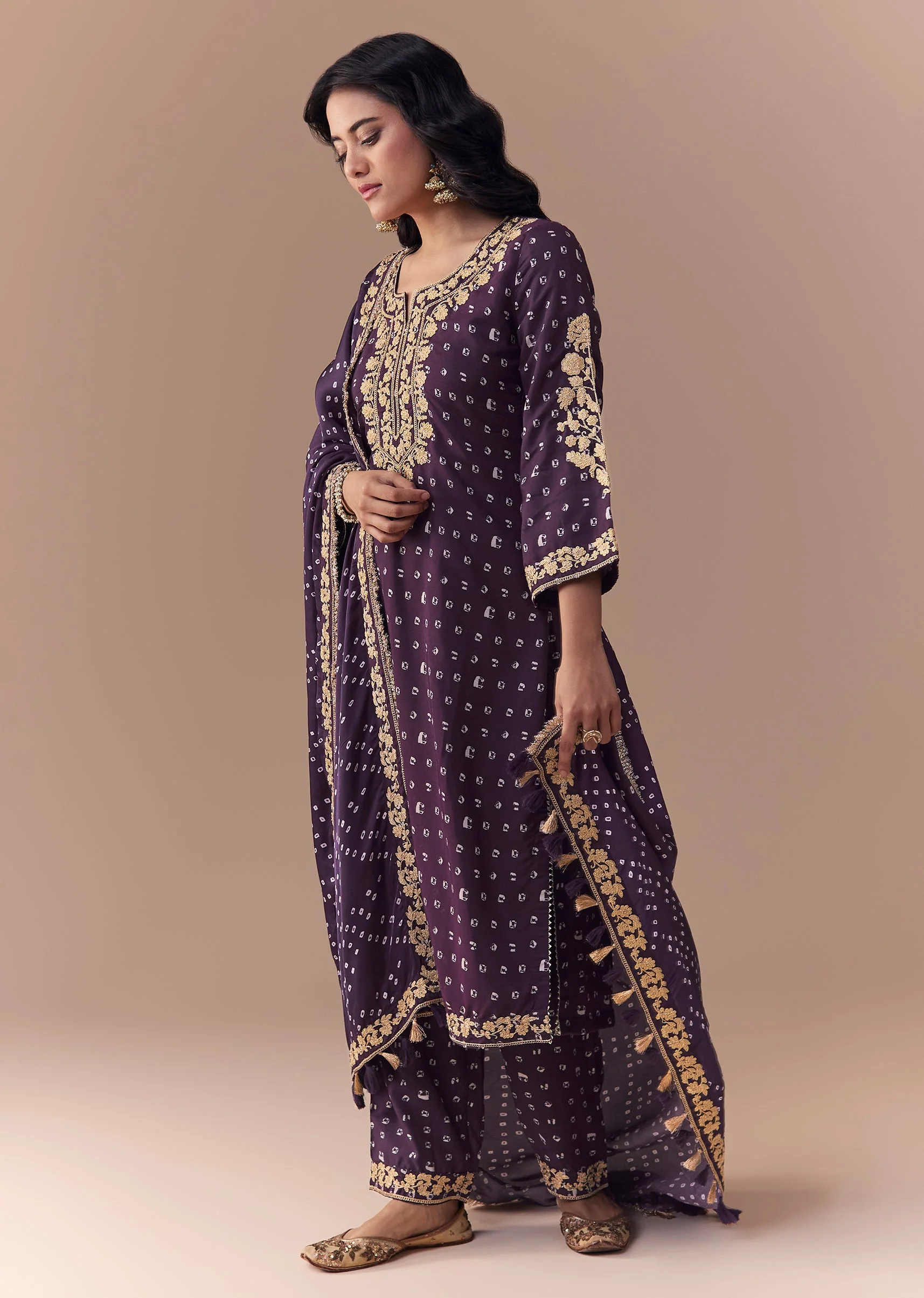Purple Embellished Silk Bandhani Print Kurta Set - Image 3