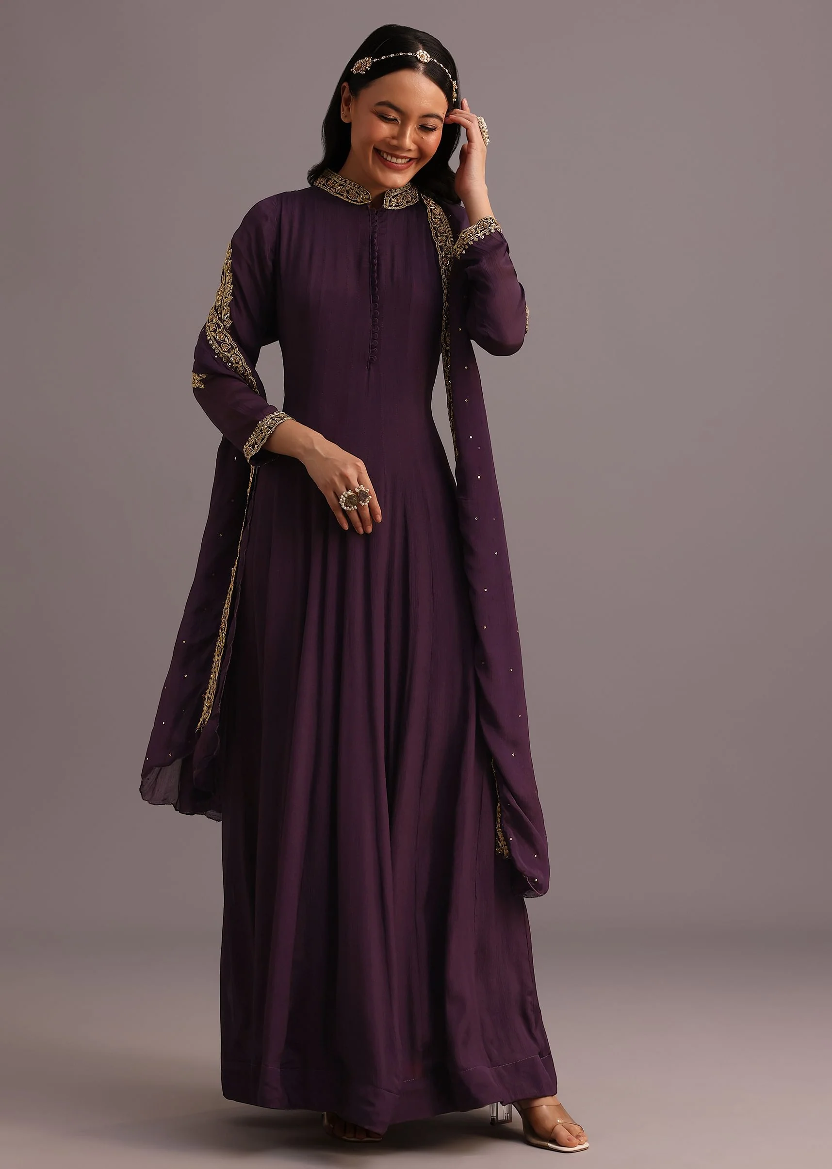 Purple Embroidered Anarkali Suit With Dupatta - Image 3