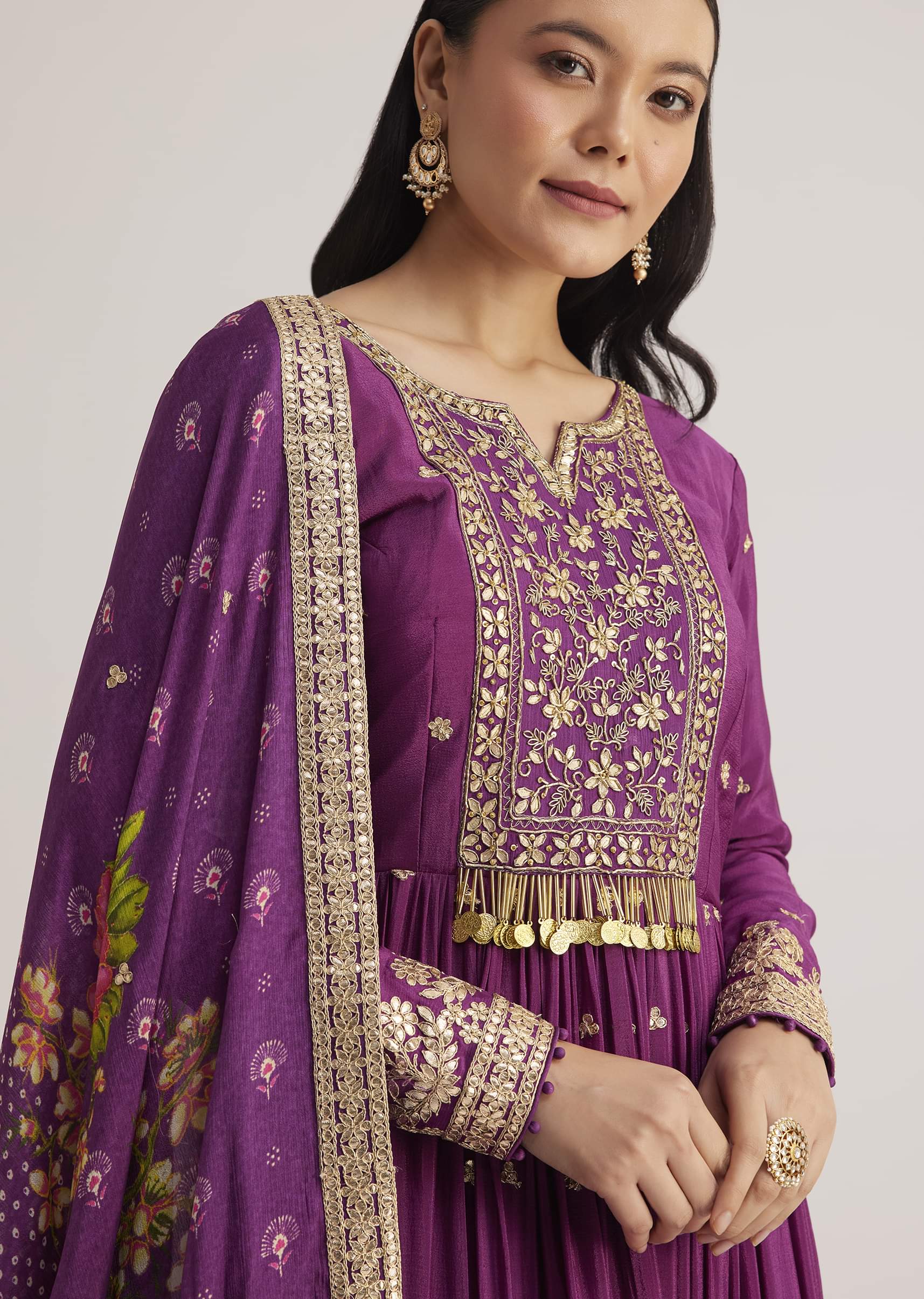 Purple Embroidered Anarkali Suit With Floral Dupatta - Image 2