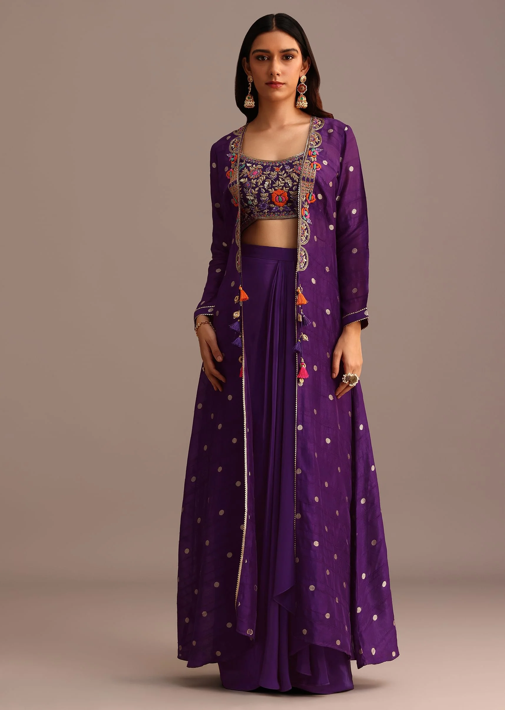 Purple Embroidered Croptop With Drape Skirt And Tussar Jacket - Image 3