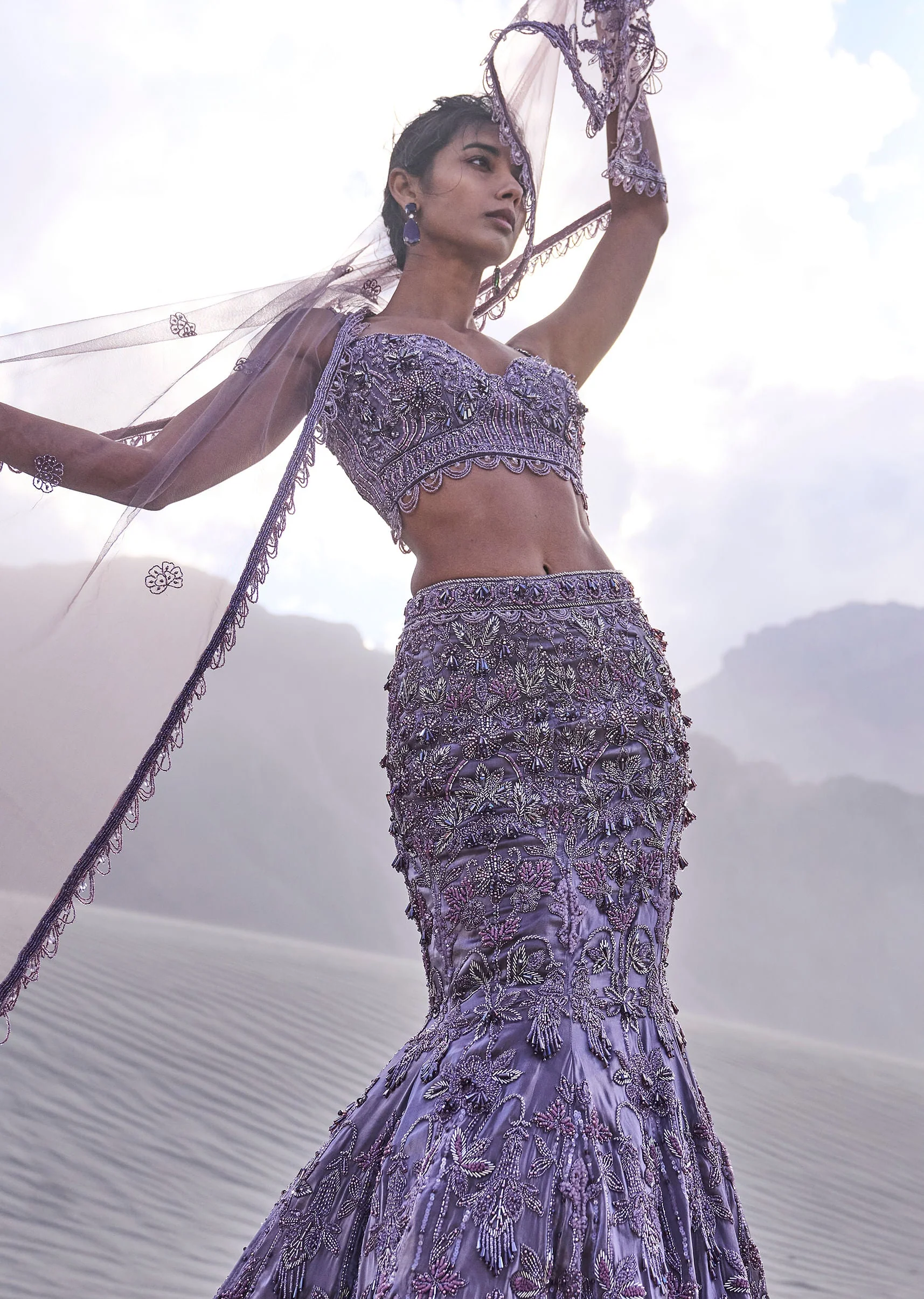 Purple Embroidered Fancy Organza Fishcut Lehenga With Blouse And Dupatta - Image 2