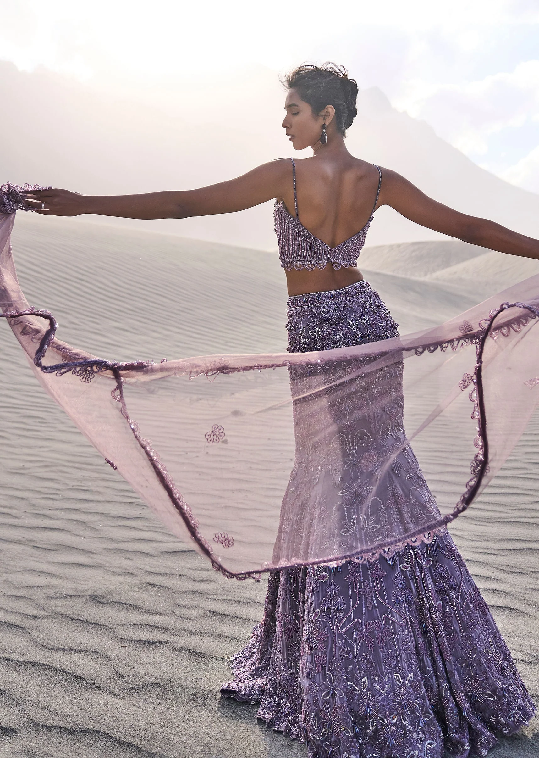 Purple Embroidered Fancy Organza Fishcut Lehenga With Blouse And Dupatta - Image 3