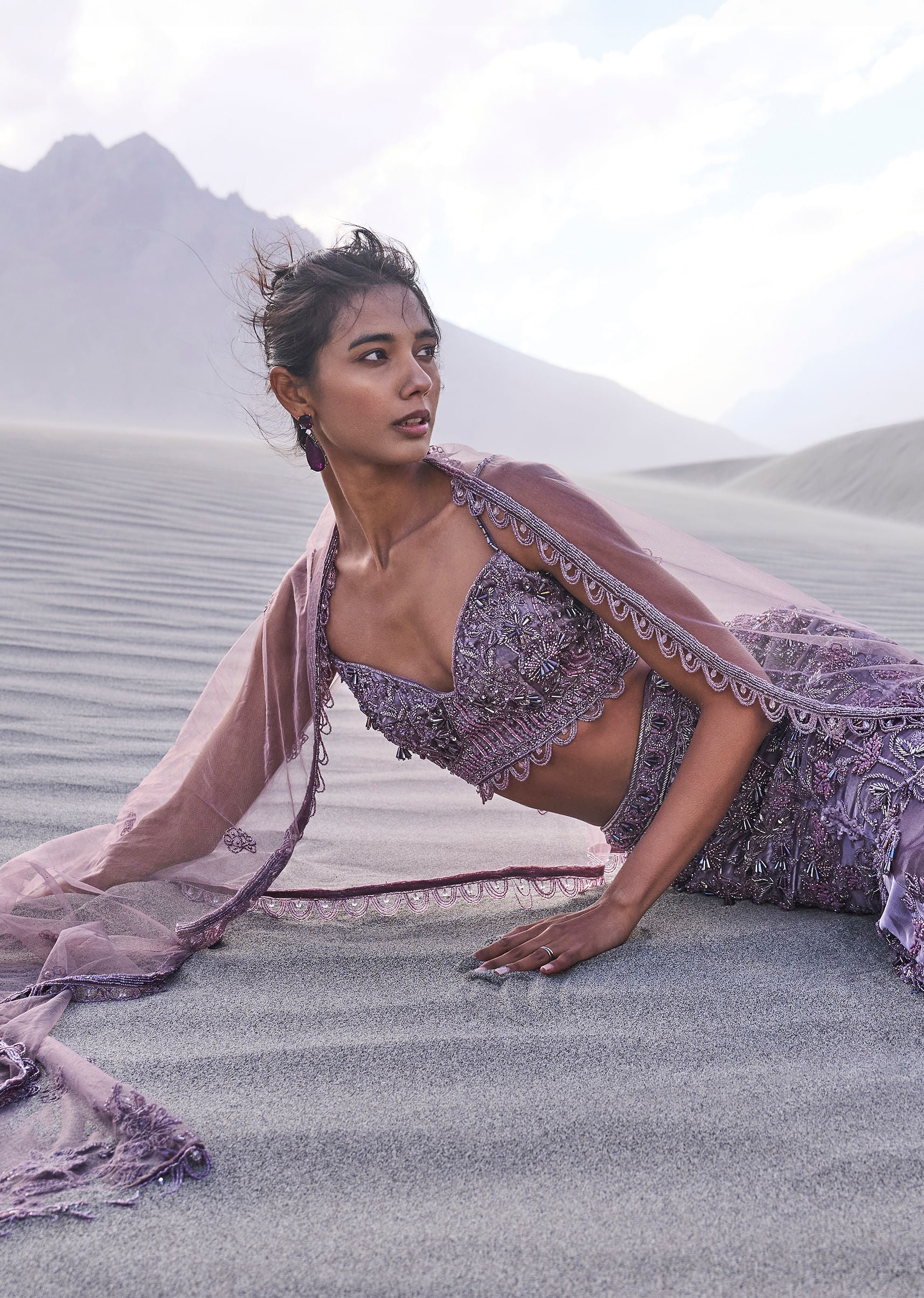 Purple Embroidered Fancy Organza Fishcut Lehenga With Blouse And Dupatta - Image 4