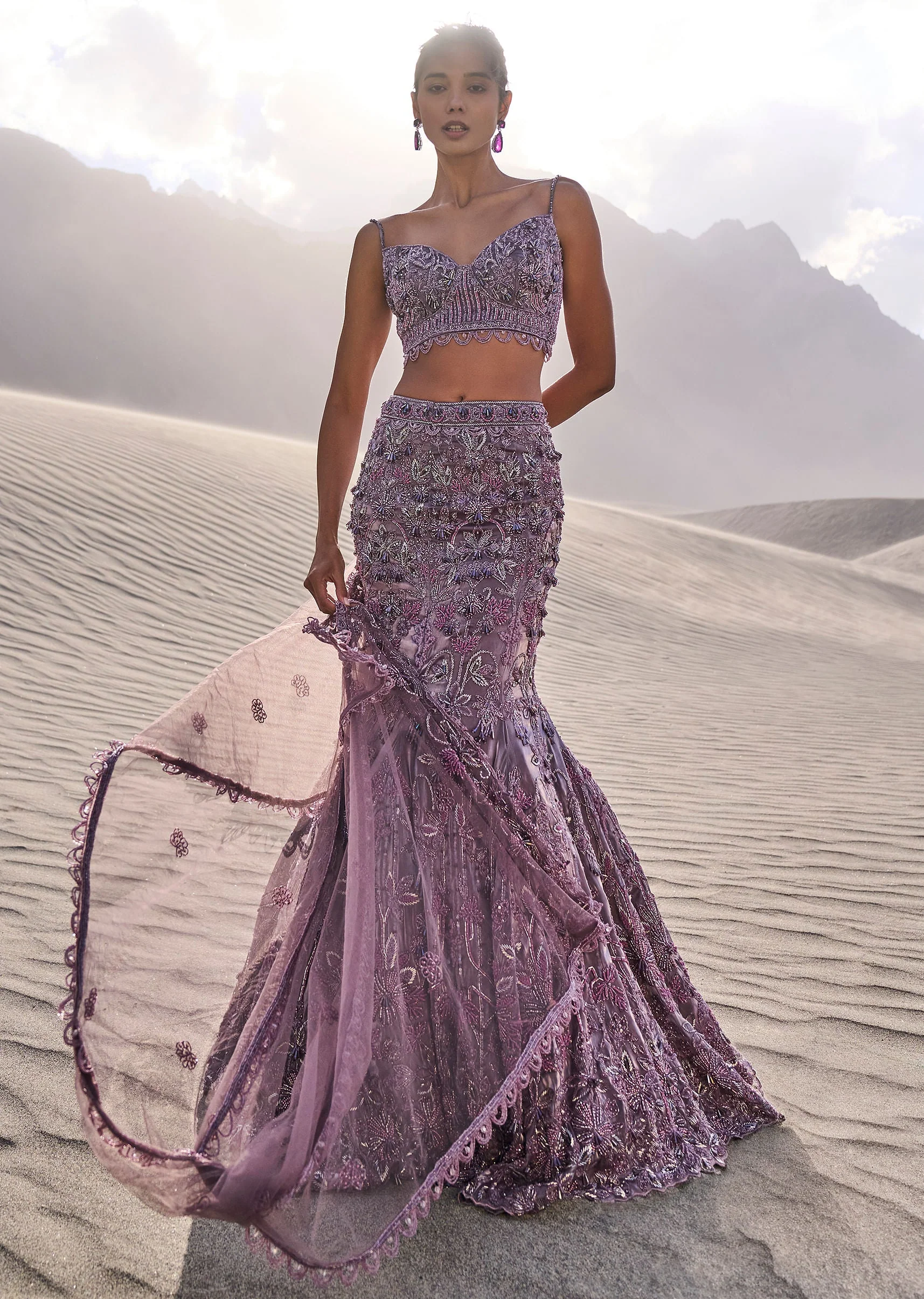 Purple Embroidered Fancy Organza Fishcut Lehenga With Blouse And Dupatta - Image 5