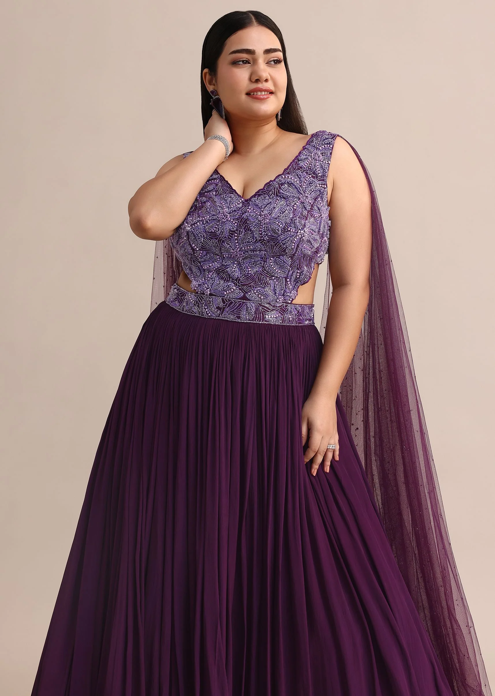 Purple Embroidered V Neck Gown With Side Cut - Image 4