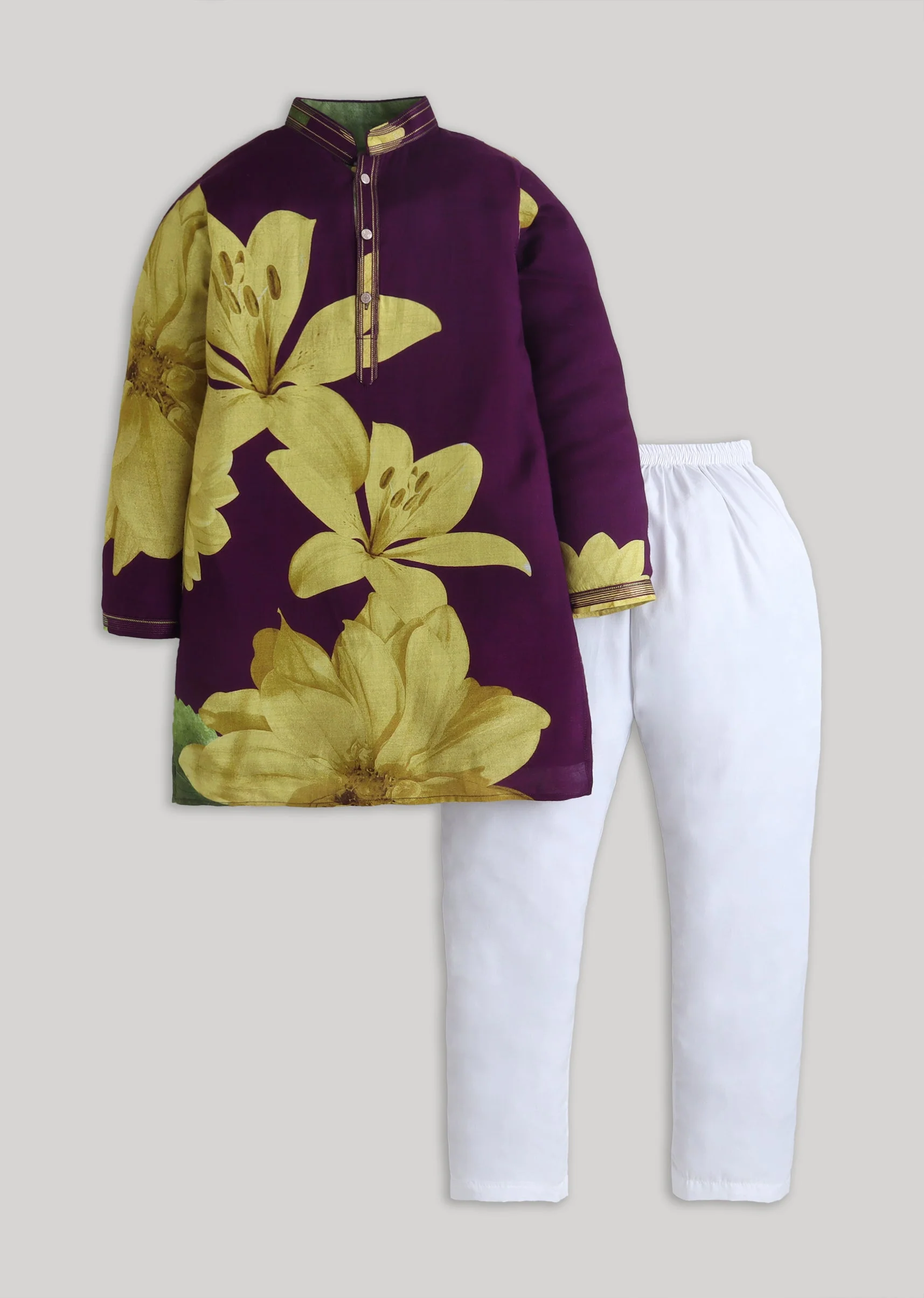 Purple Floral Cotton Kurta Set With Color Pop Finish