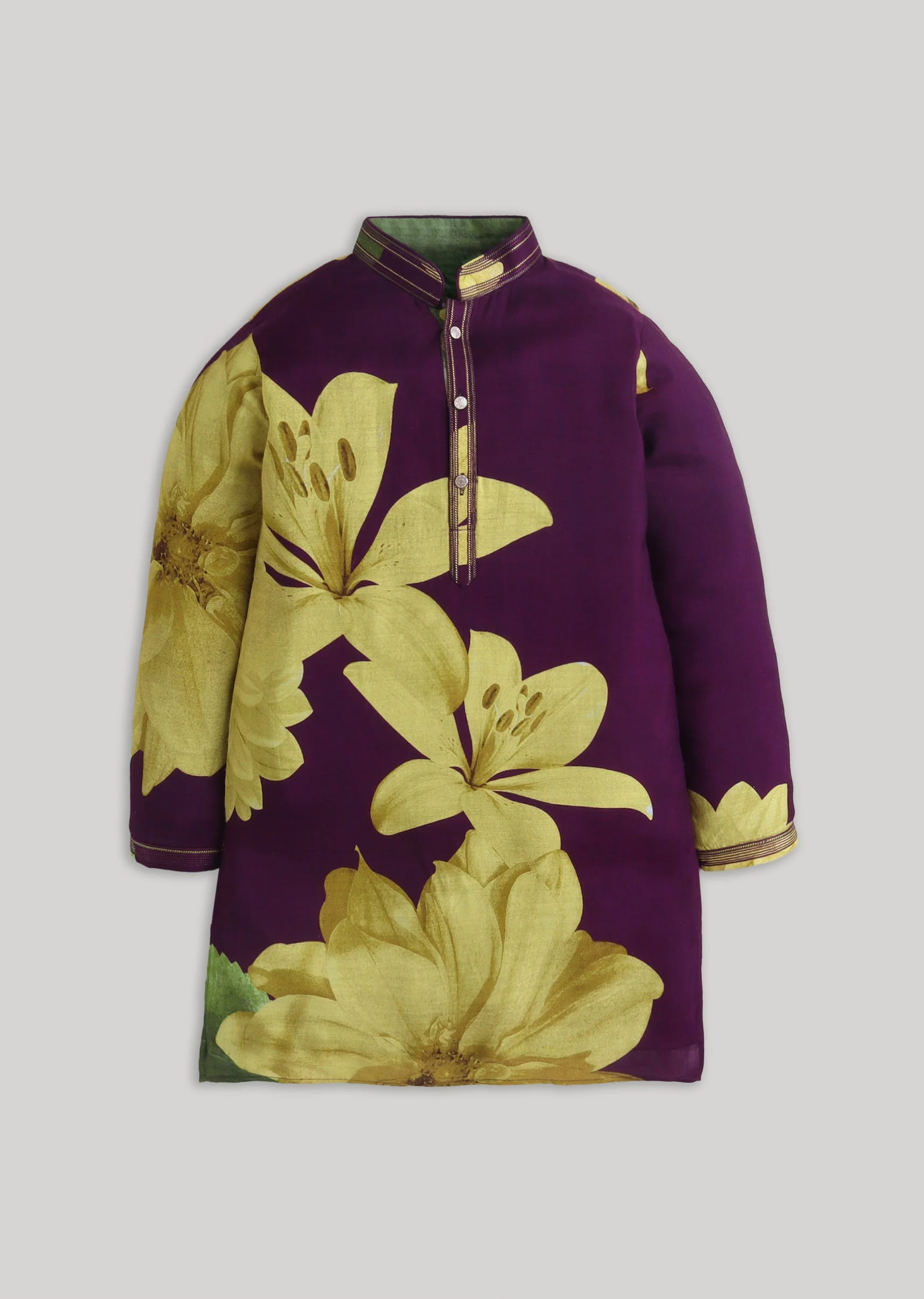 Purple Floral Cotton Kurta Set With Color Pop Finish - Image 2