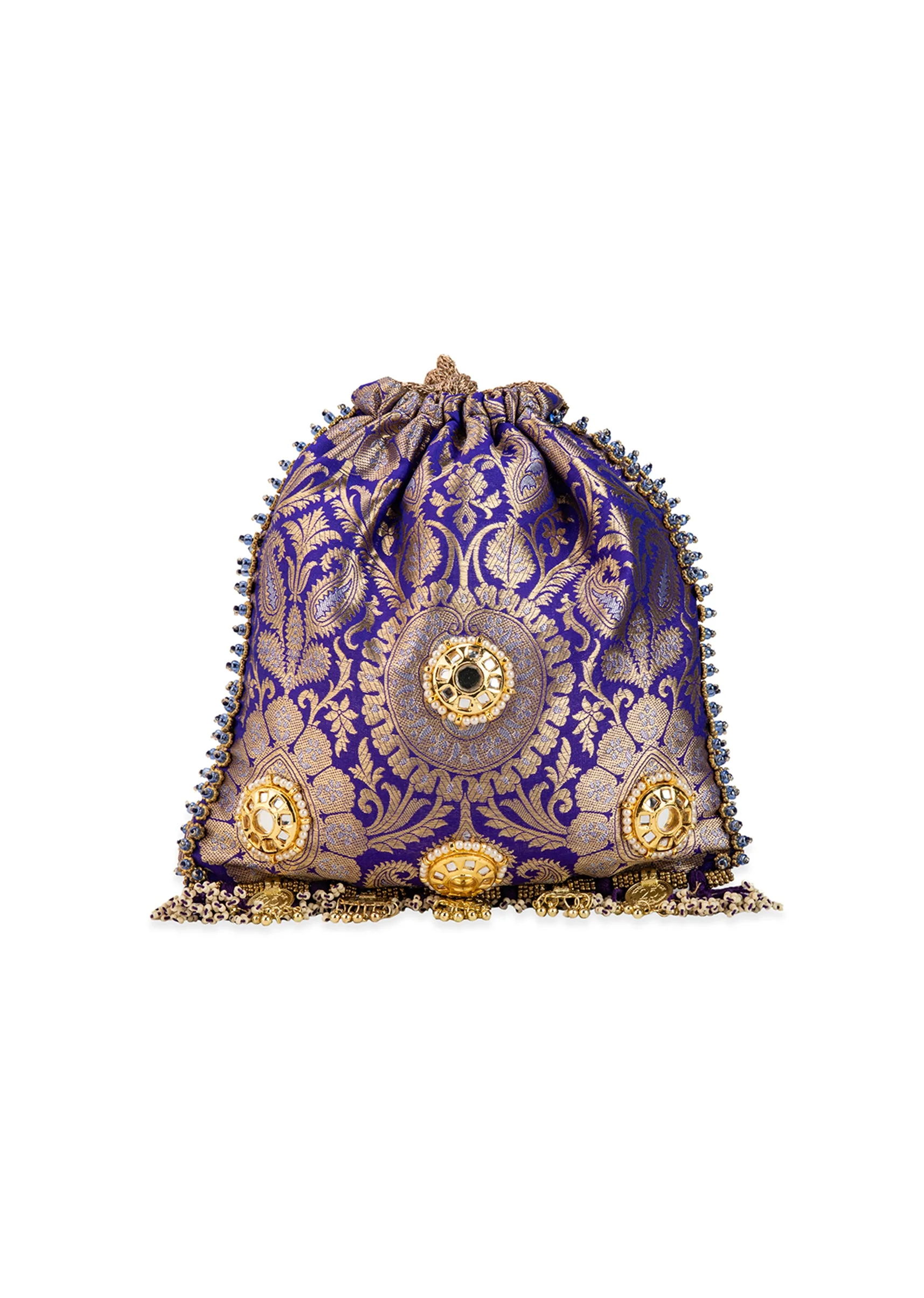 Purple Floral Motif Kundan Embellished Potli Bag - Image 3