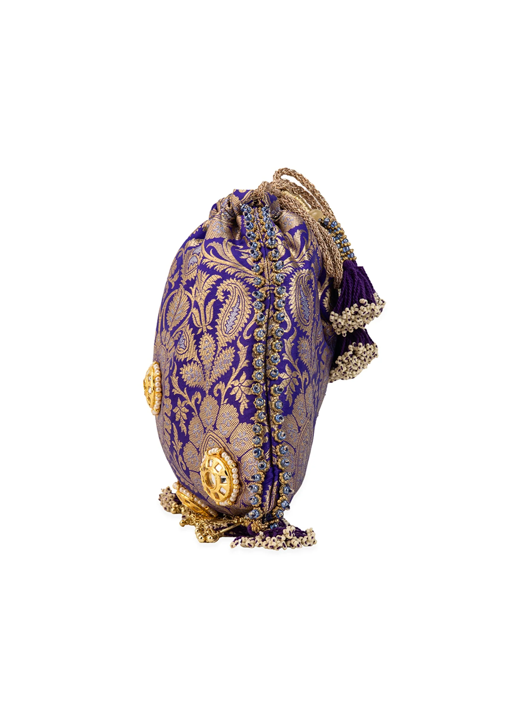 Purple Floral Motif Kundan Embellished Potli Bag - Image 4