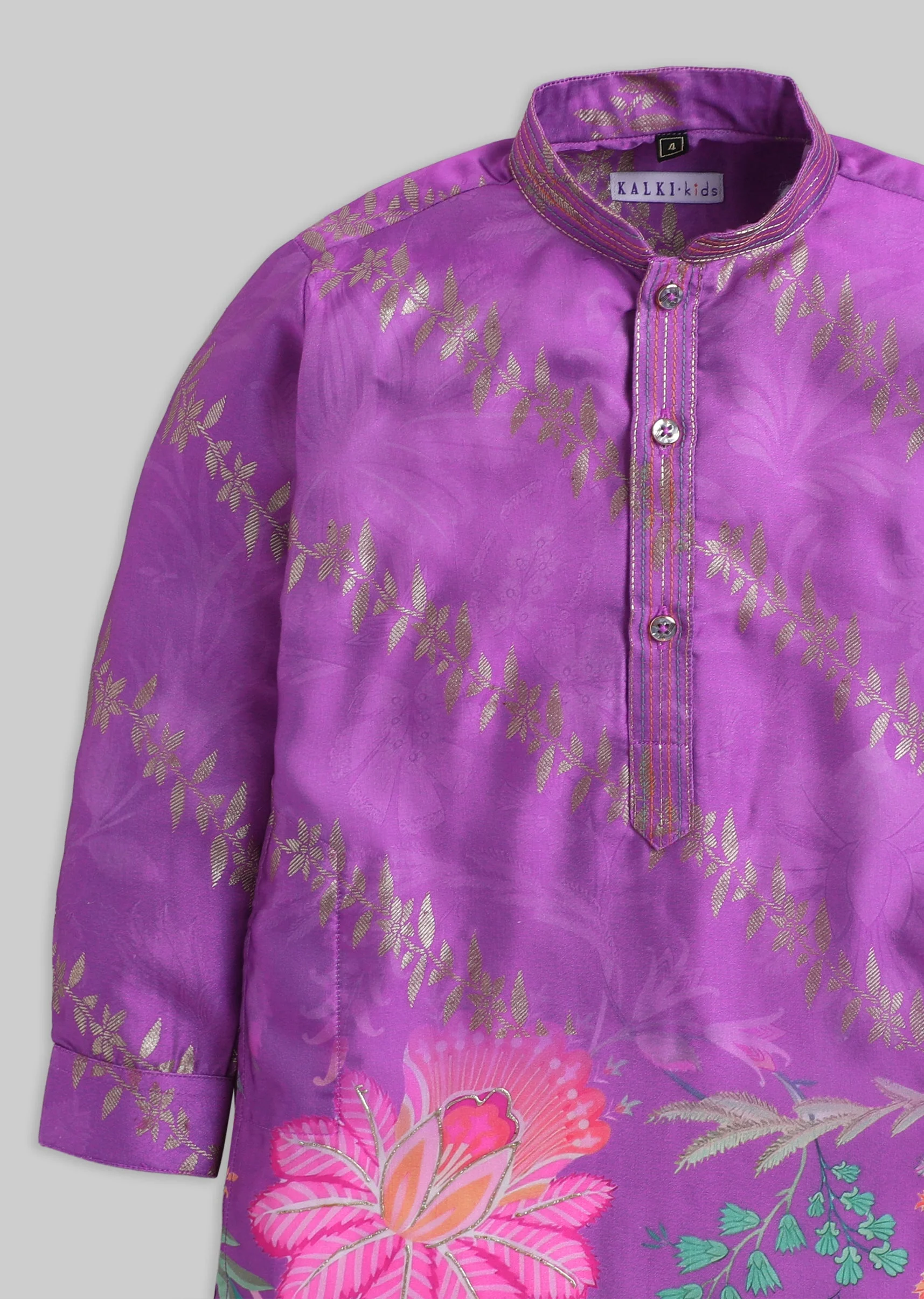 Purple Floral Printed Kurta Set For Boys - Image 5