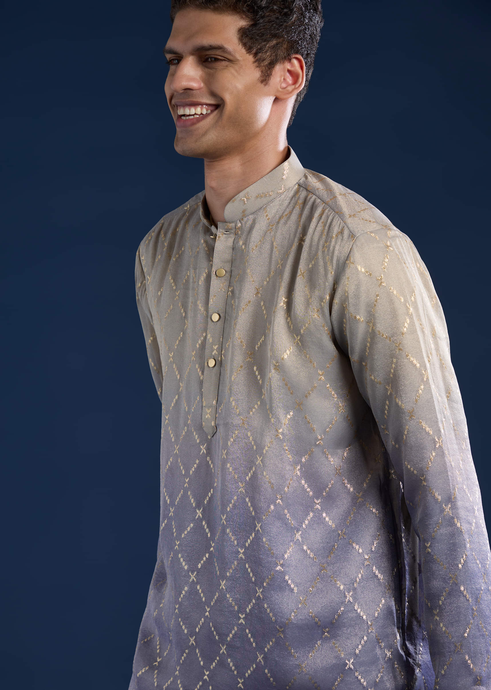 Purple Foil Print Mens Kurta and Pant Set - Image 2