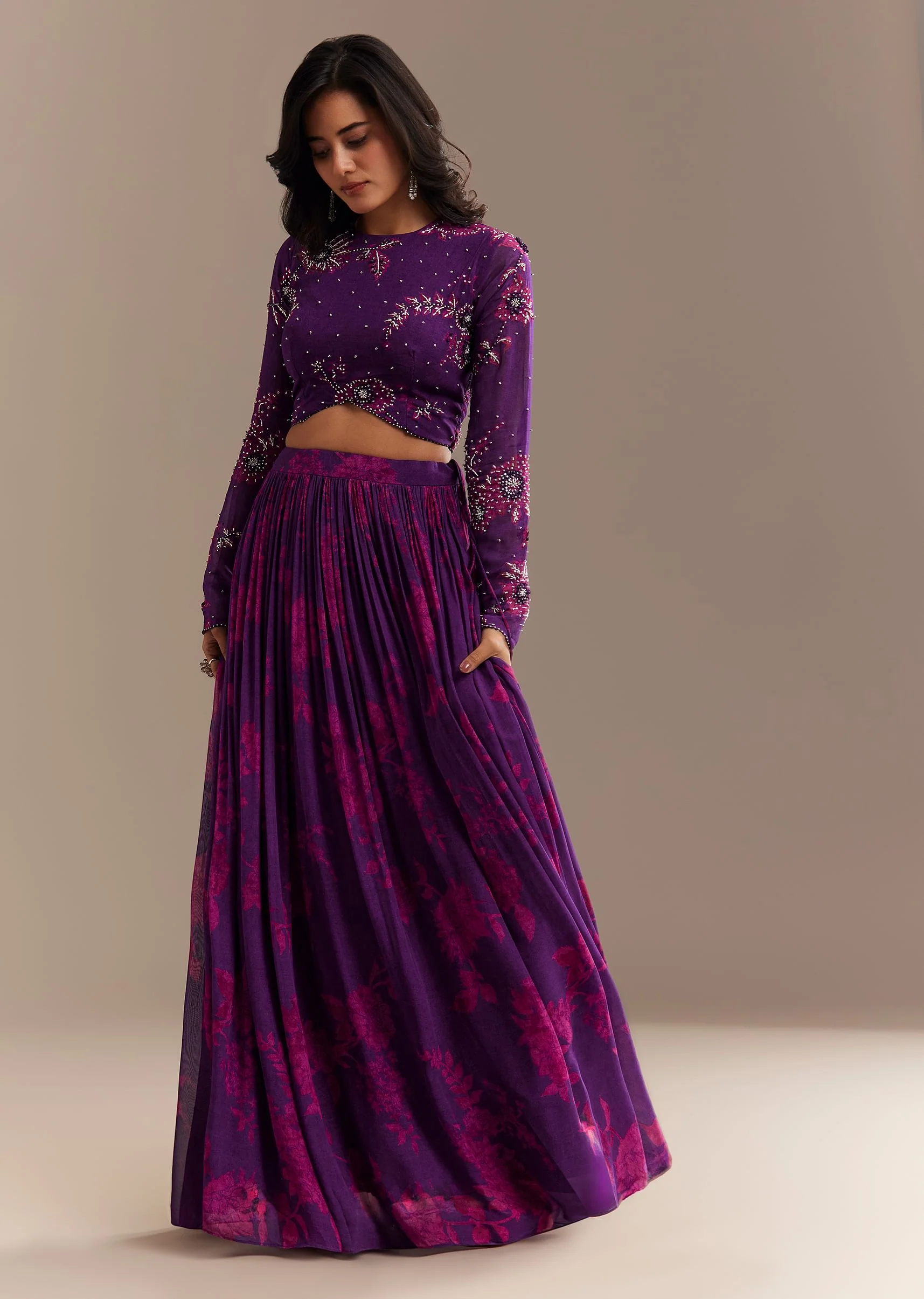 Purple Georgette Floral Printed Lehenga Set - Image 3