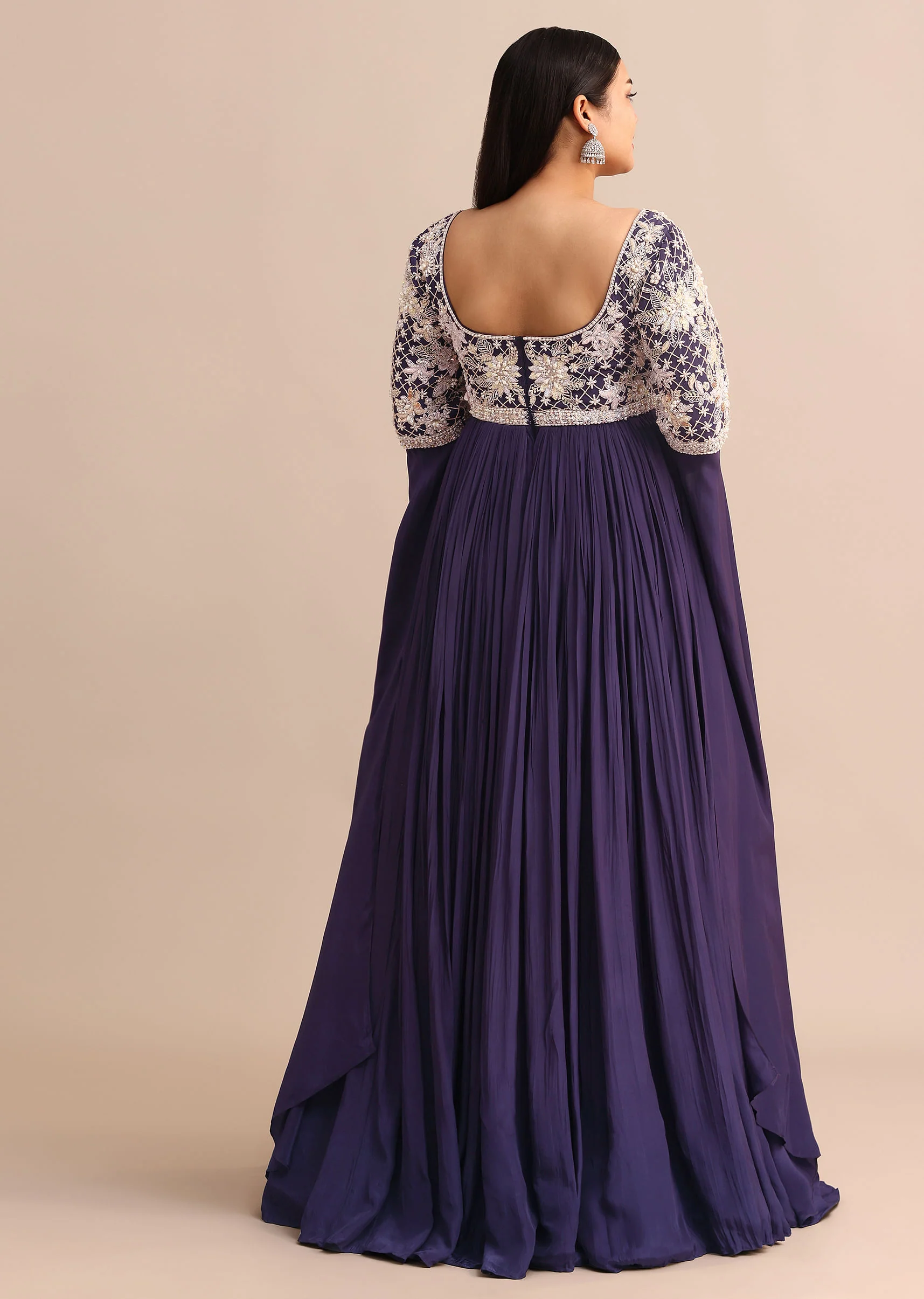 Purple Gown With Cape Style Sleeves in Jaal Work - Image 5