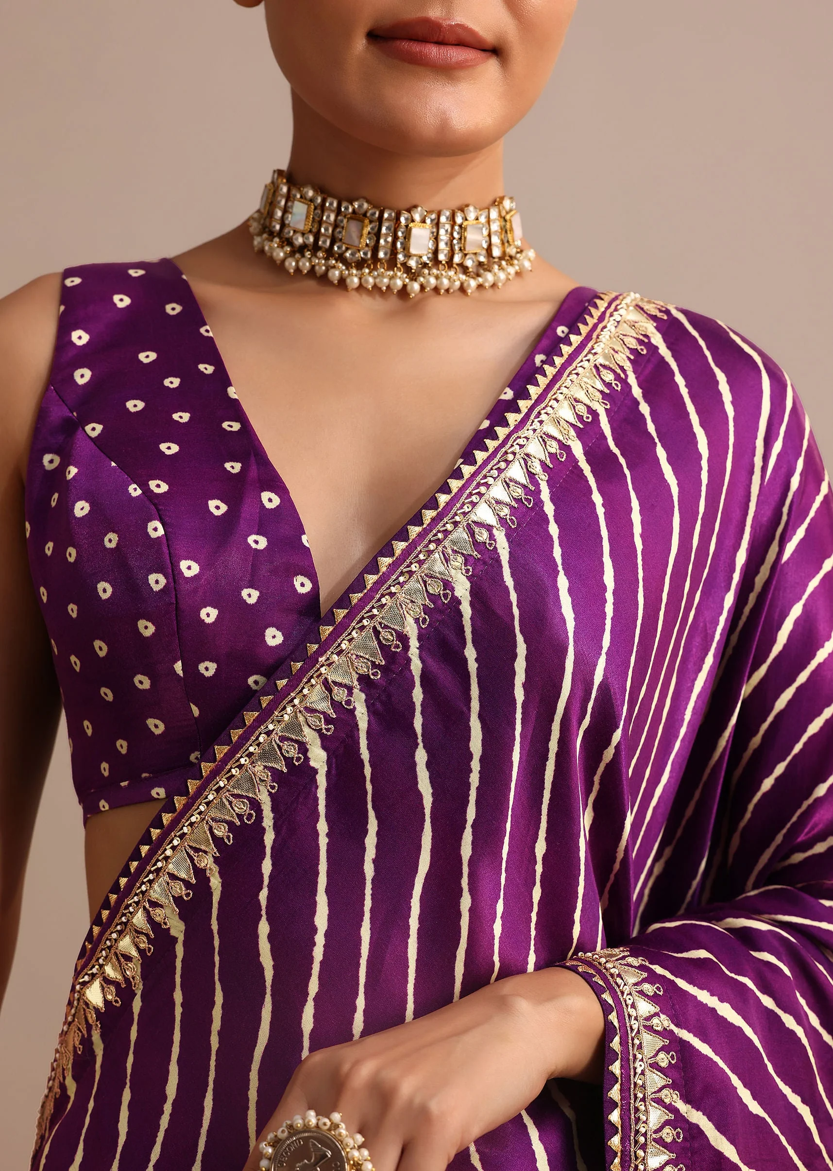 Purple Hand Dyed Lehriya Satin Saree With Gota Patti Work - Image 2