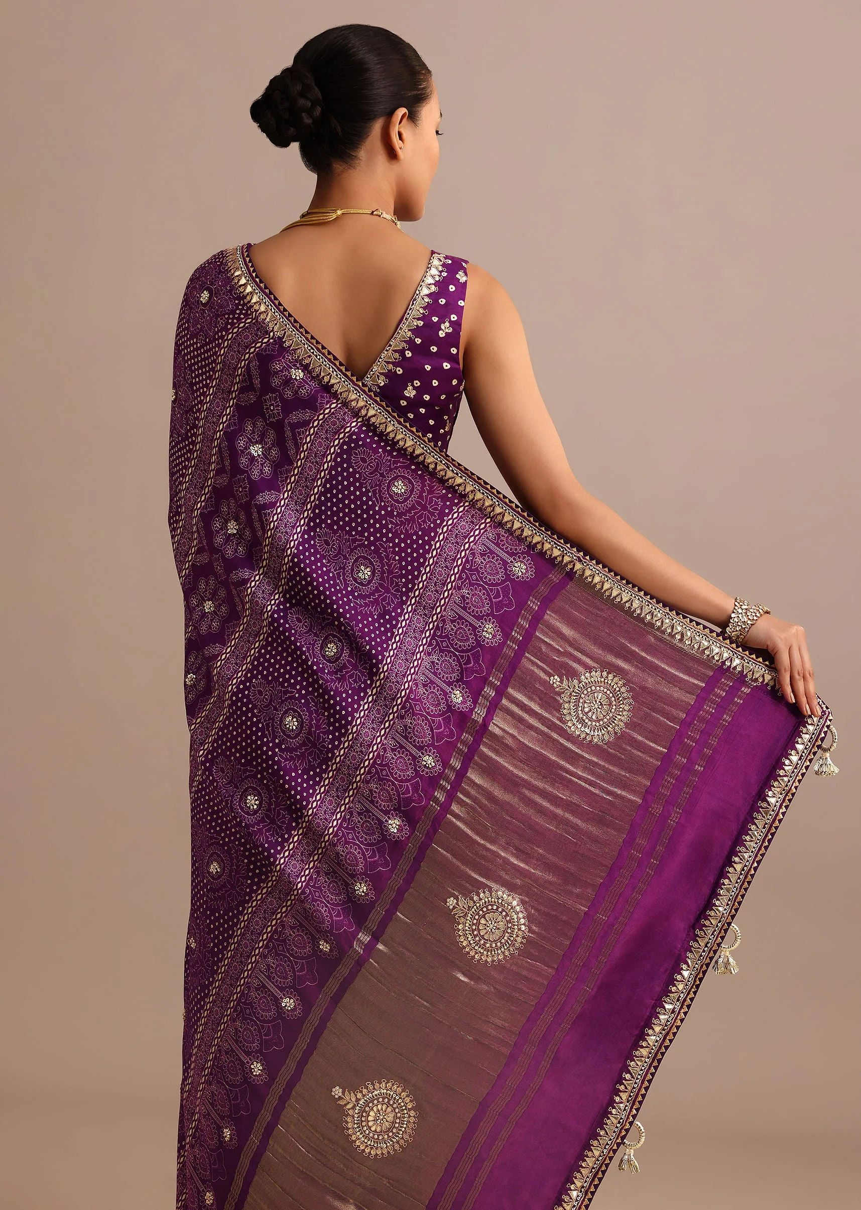 Purple Hand Dyed Lehriya Satin Saree With Gota Patti Work - Image 4