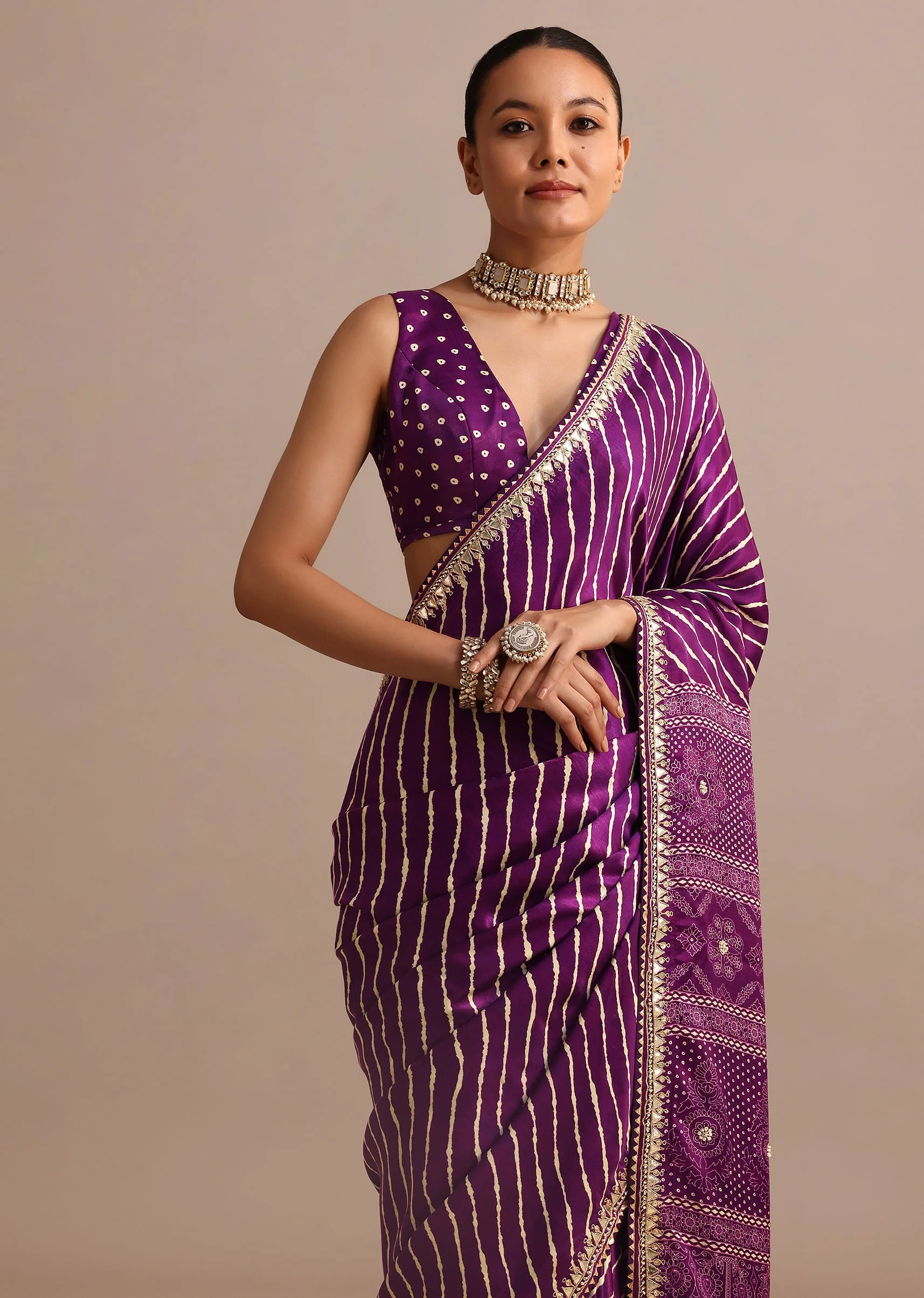 Purple Hand Dyed Lehriya Satin Saree With Gota Patti Work - Image 5