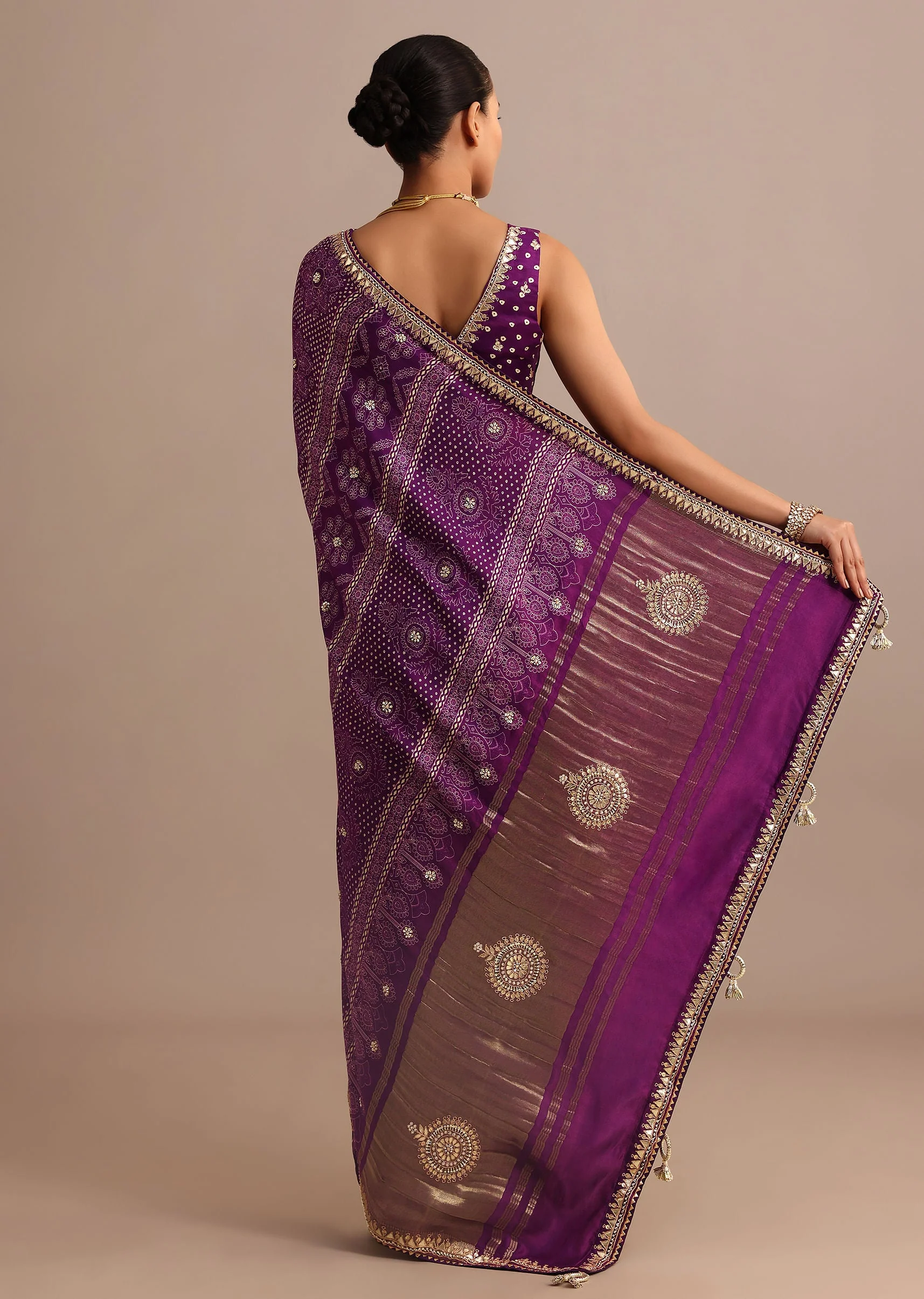 Purple Hand Dyed Lehriya Satin Saree With Gota Patti Work - Image 6